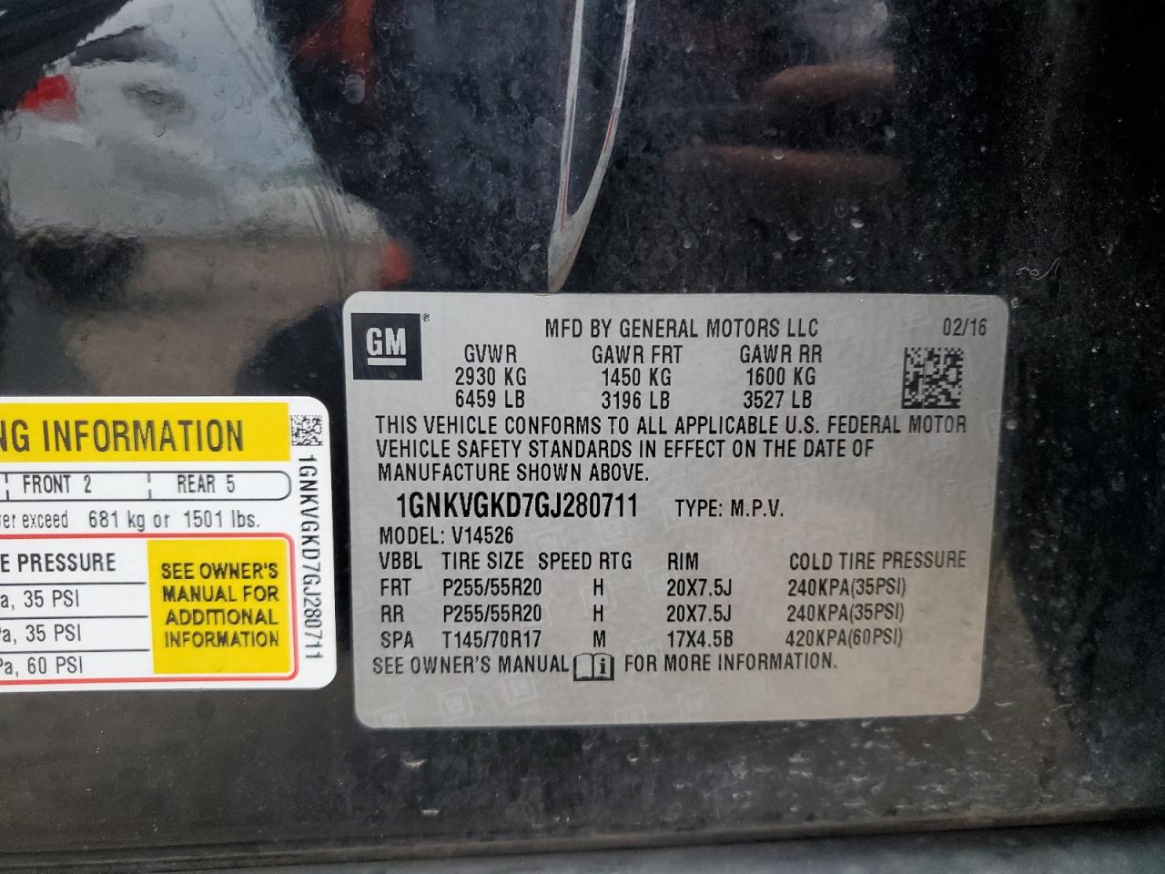 2016 Chevrolet Traverse Lt VIN: 1GNKVGKD7GJ280711 Lot: 59844955