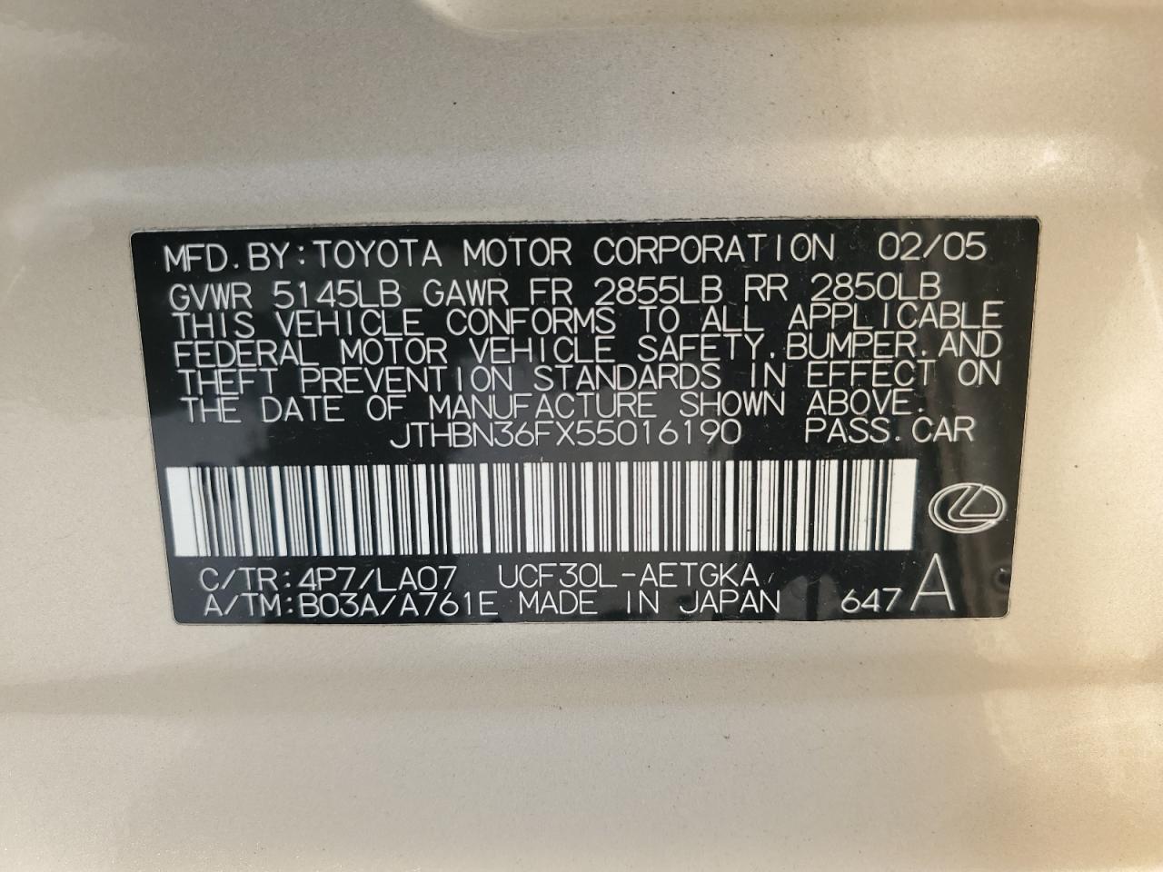 2005 Lexus Ls 430 VIN: JTHBN36FX55016190 Lot: 58838955