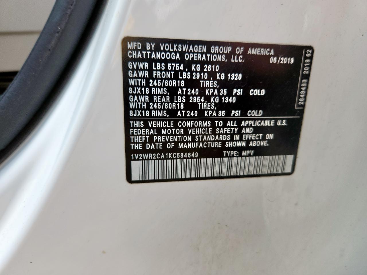 2019 Volkswagen Atlas Se VIN: 1V2WR2CA1KC584649 Lot: 62116775