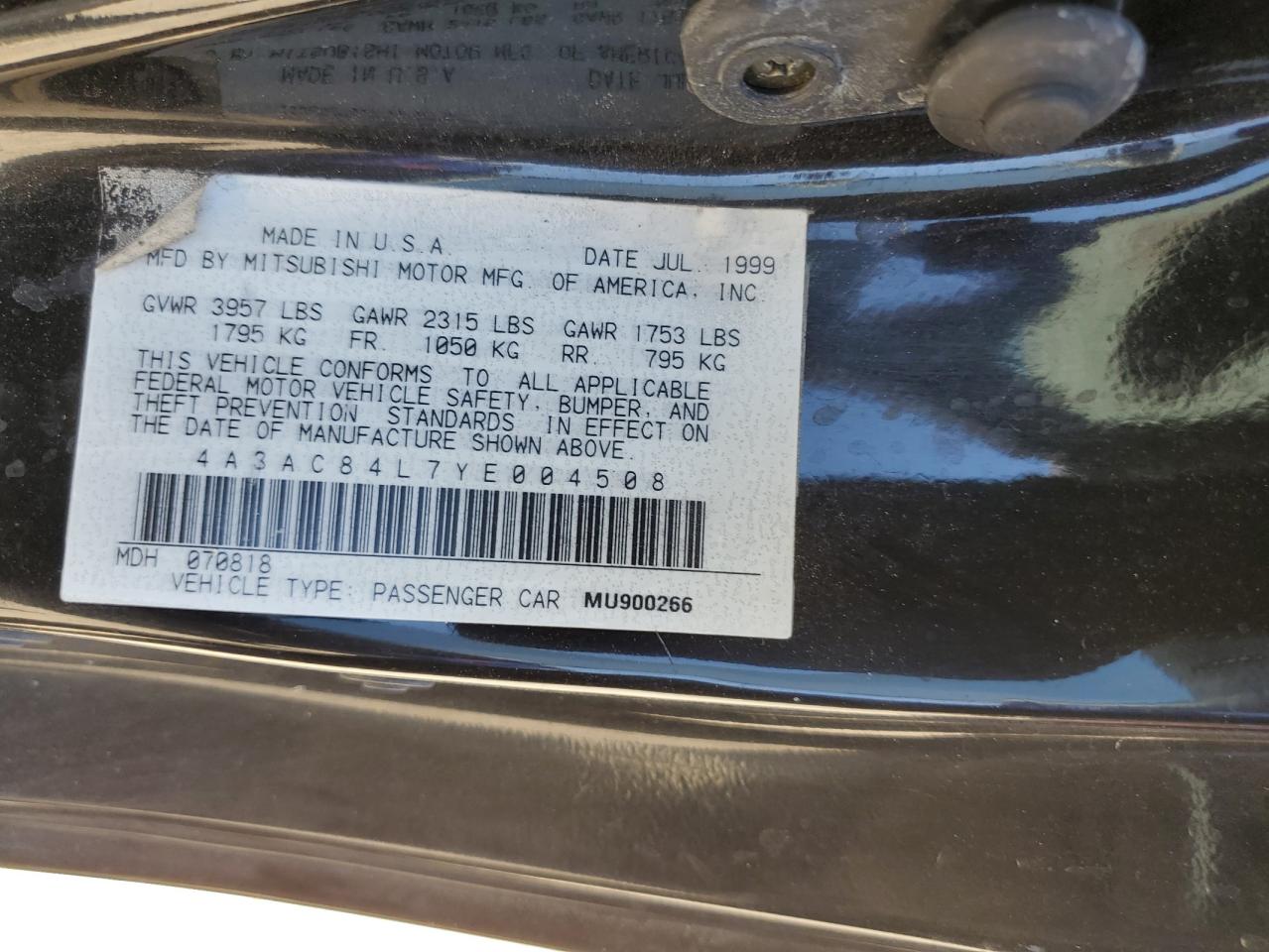 2000 Mitsubishi Eclipse Gt VIN: 4A3AC84L7YE004508 Lot: 62961515