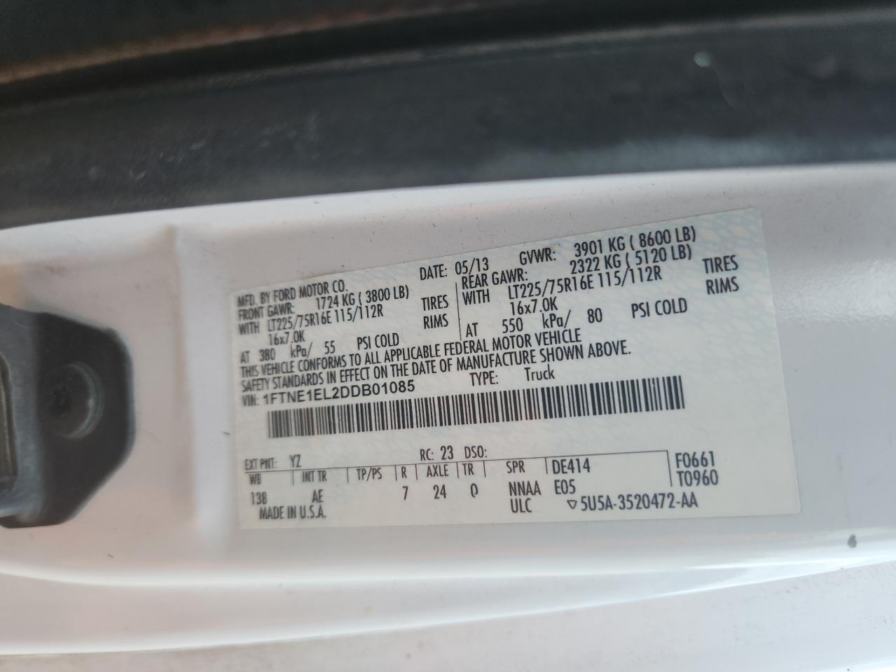 2013 Ford Econoline E150 Van VIN: 1FTNE1EL2DDB01085 Lot: 61073055
