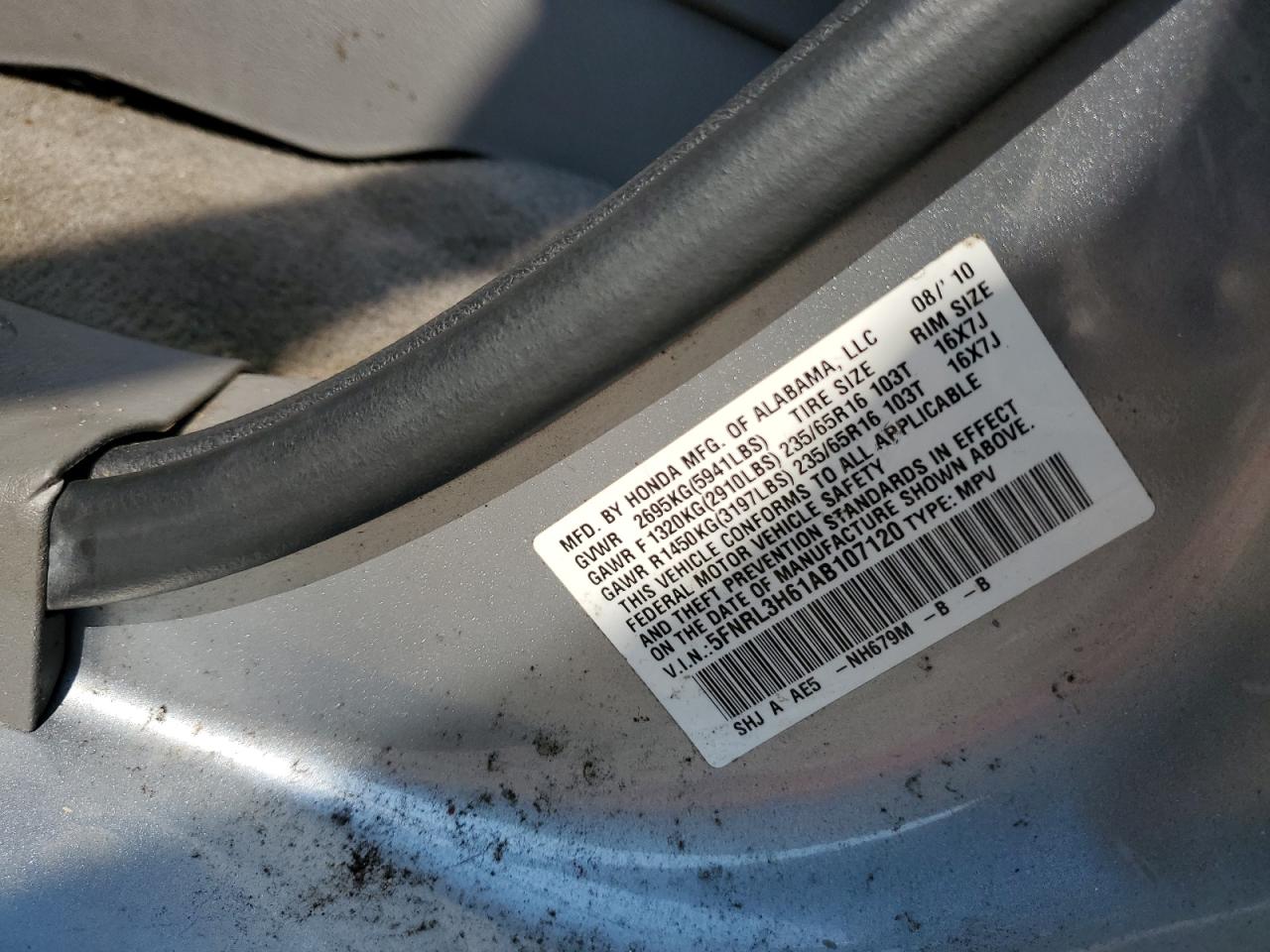 2010 Honda Odyssey Exl VIN: 5FNRL3H61AB107120 Lot: 62307755