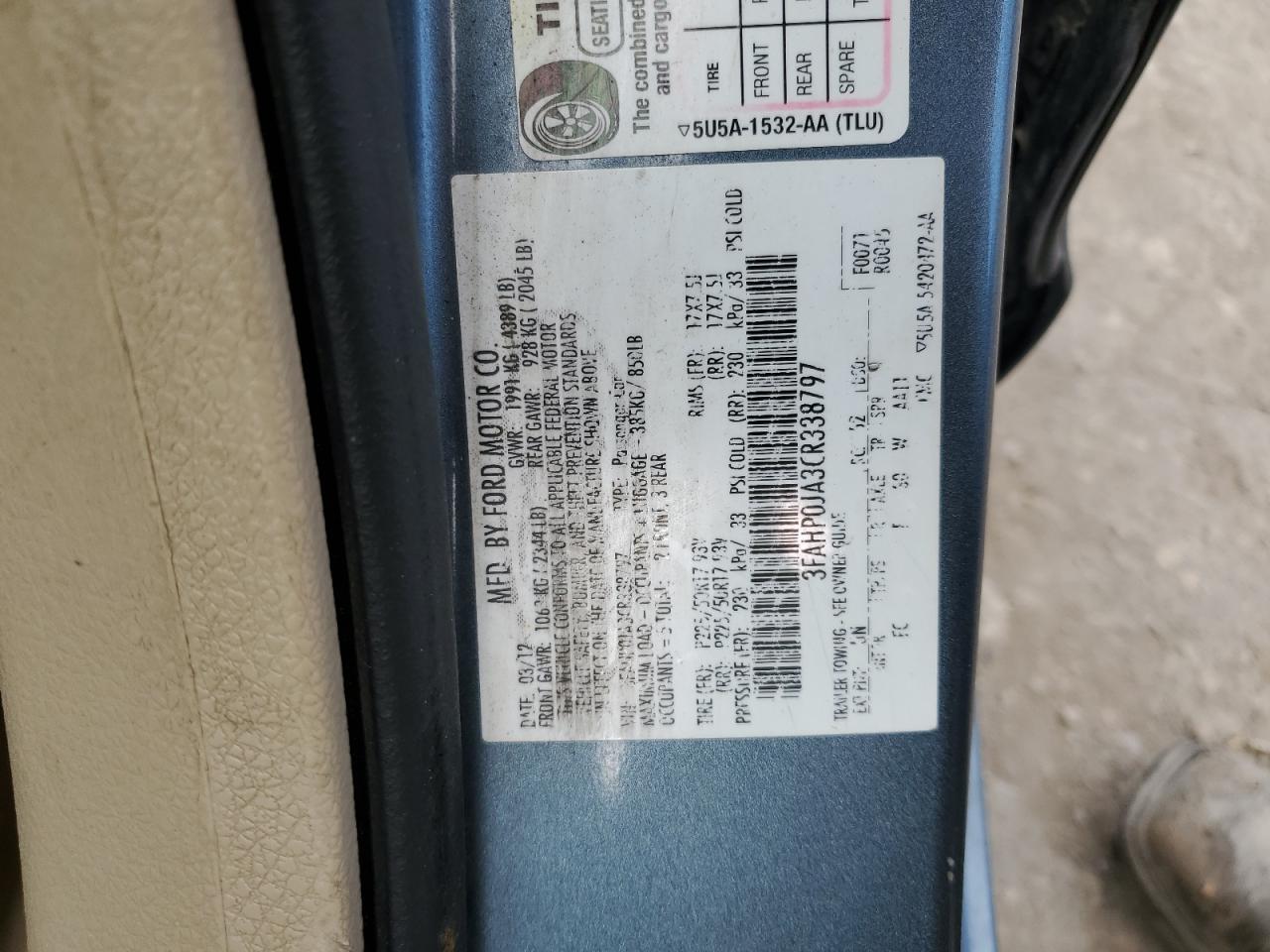 2012 Ford Fusion Sel VIN: 3FAHP0JA3CR338797 Lot: 62659005