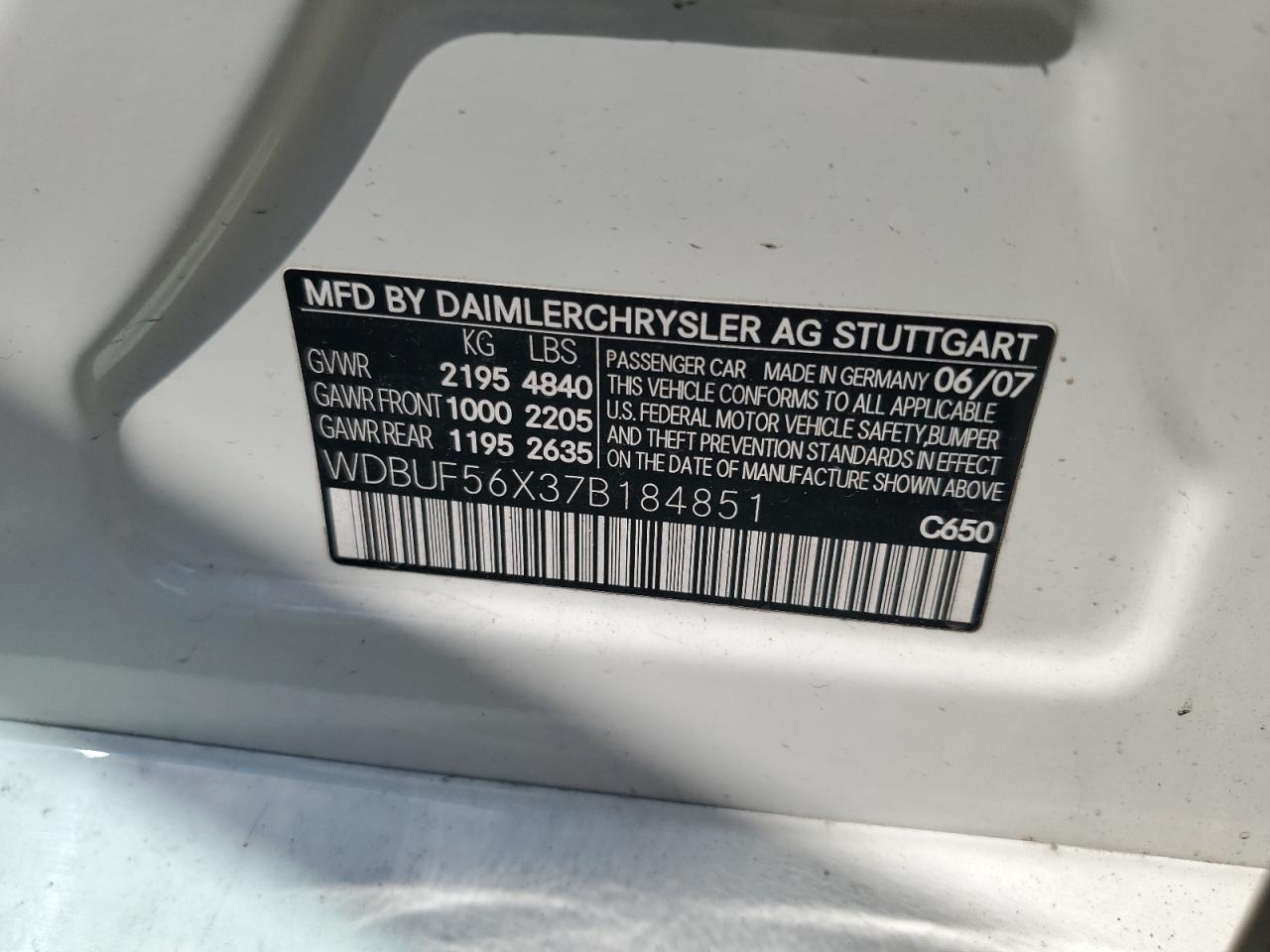 2007 Mercedes-Benz E 350 VIN: WDBUF56X37B184851 Lot: 62177625