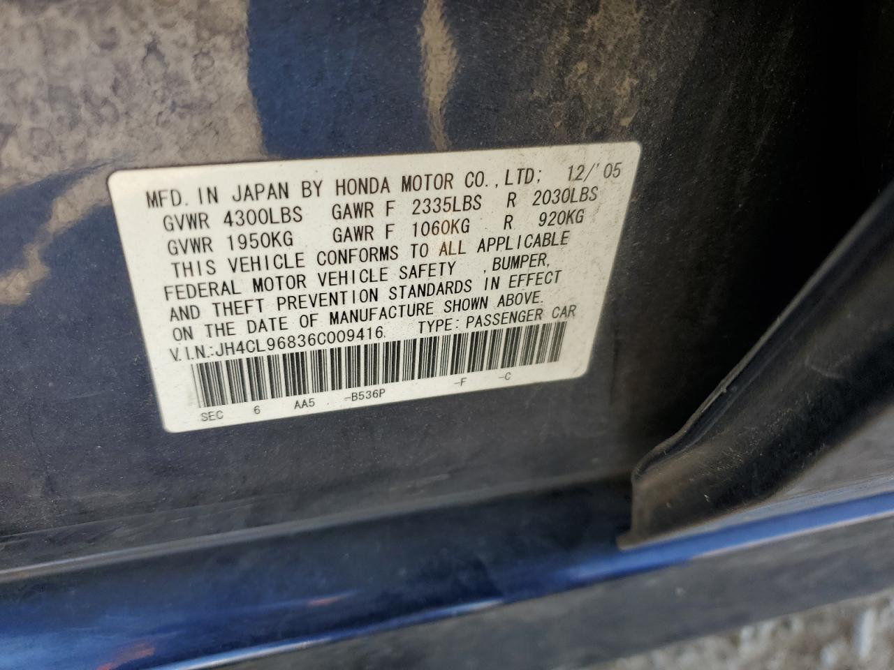 2006 Acura Tsx VIN: JH4CL96836C009416 Lot: 62914655