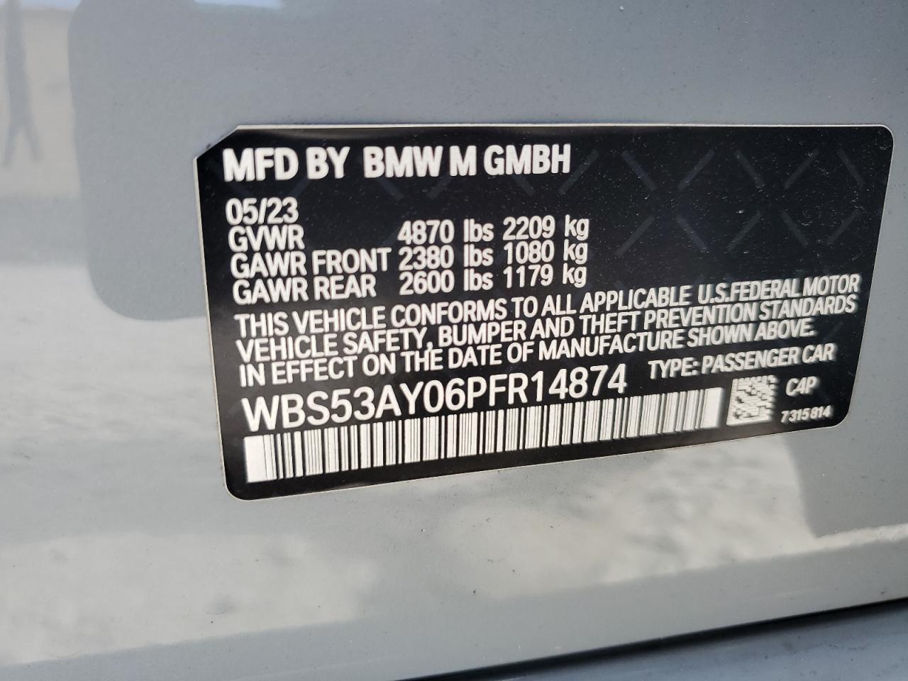 2023 BMW M3 VIN: WBS53AY06PFR14874 Lot: 60153455