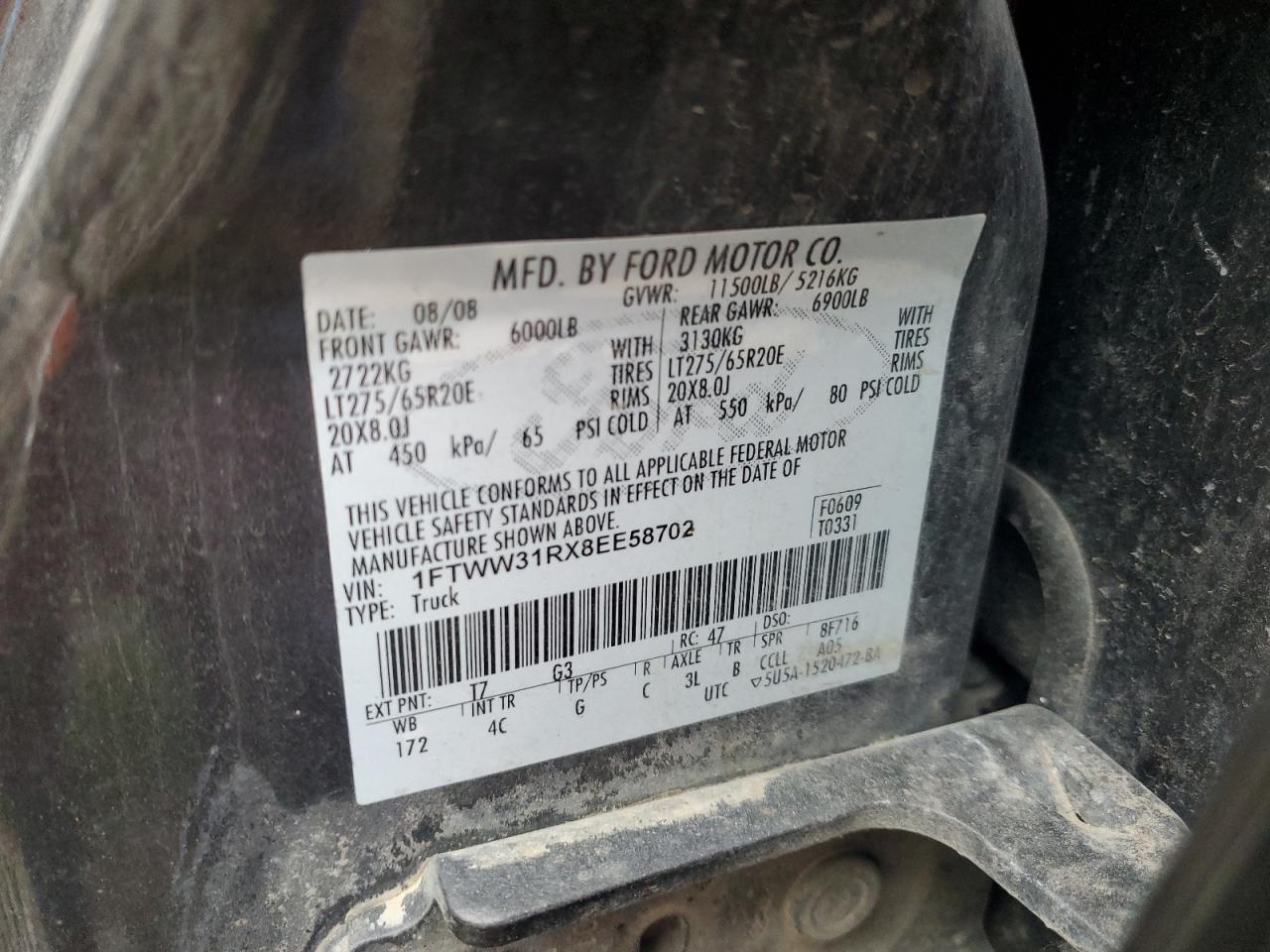 2008 Ford F350 Srw Super Duty VIN: 1FTWW31RX8EE58702 Lot: 62327145