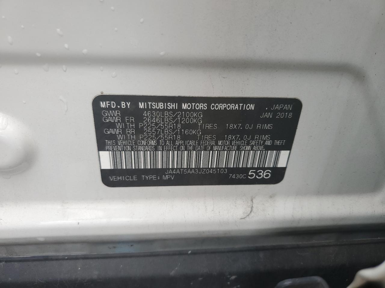 2018 Mitsubishi Eclipse Cross Se VIN: JA4AT5AA3JZ045103 Lot: 61538335