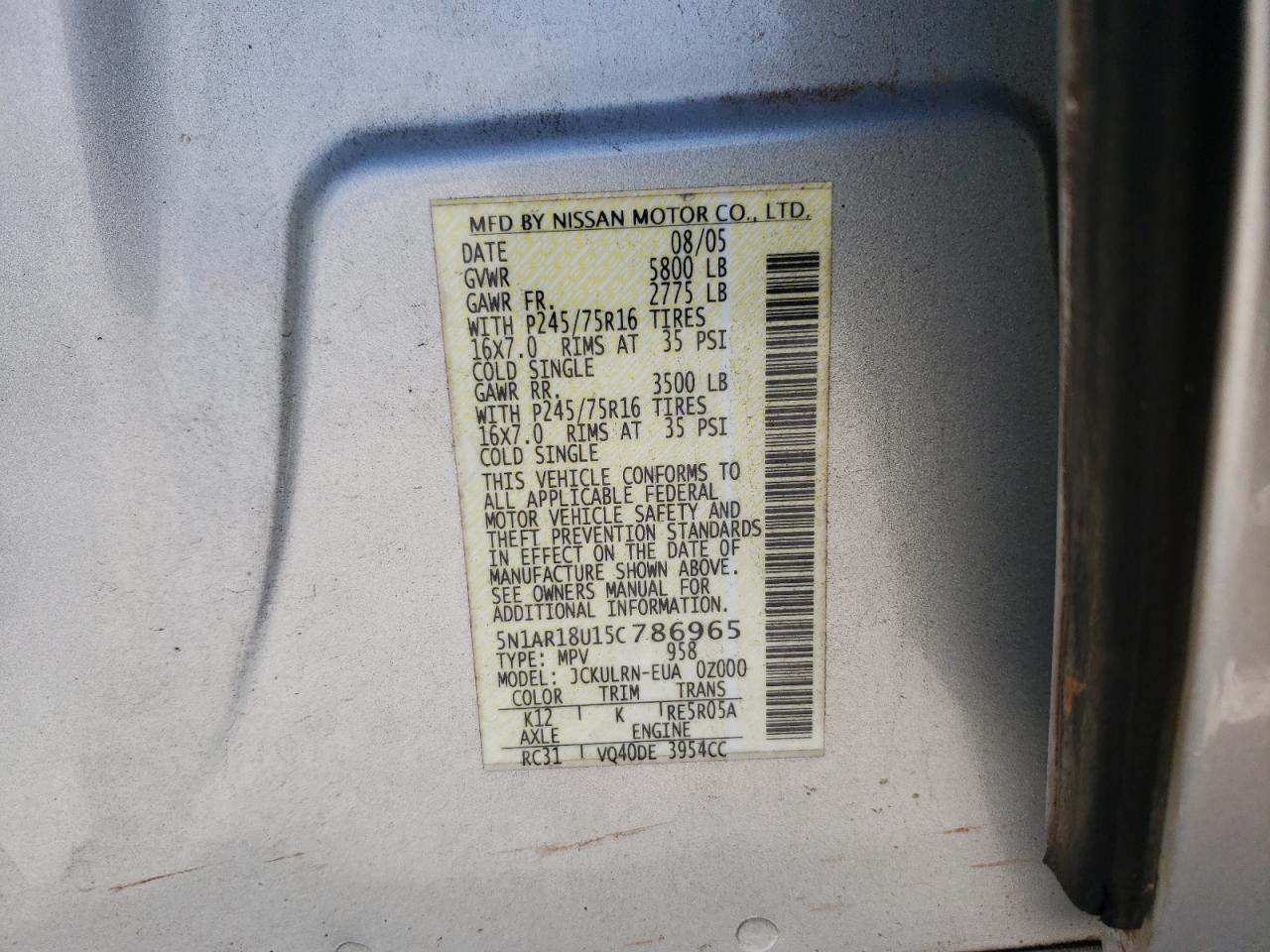 2005 Nissan Pathfinder Le VIN: 5N1AR18U15C786965 Lot: 61383615