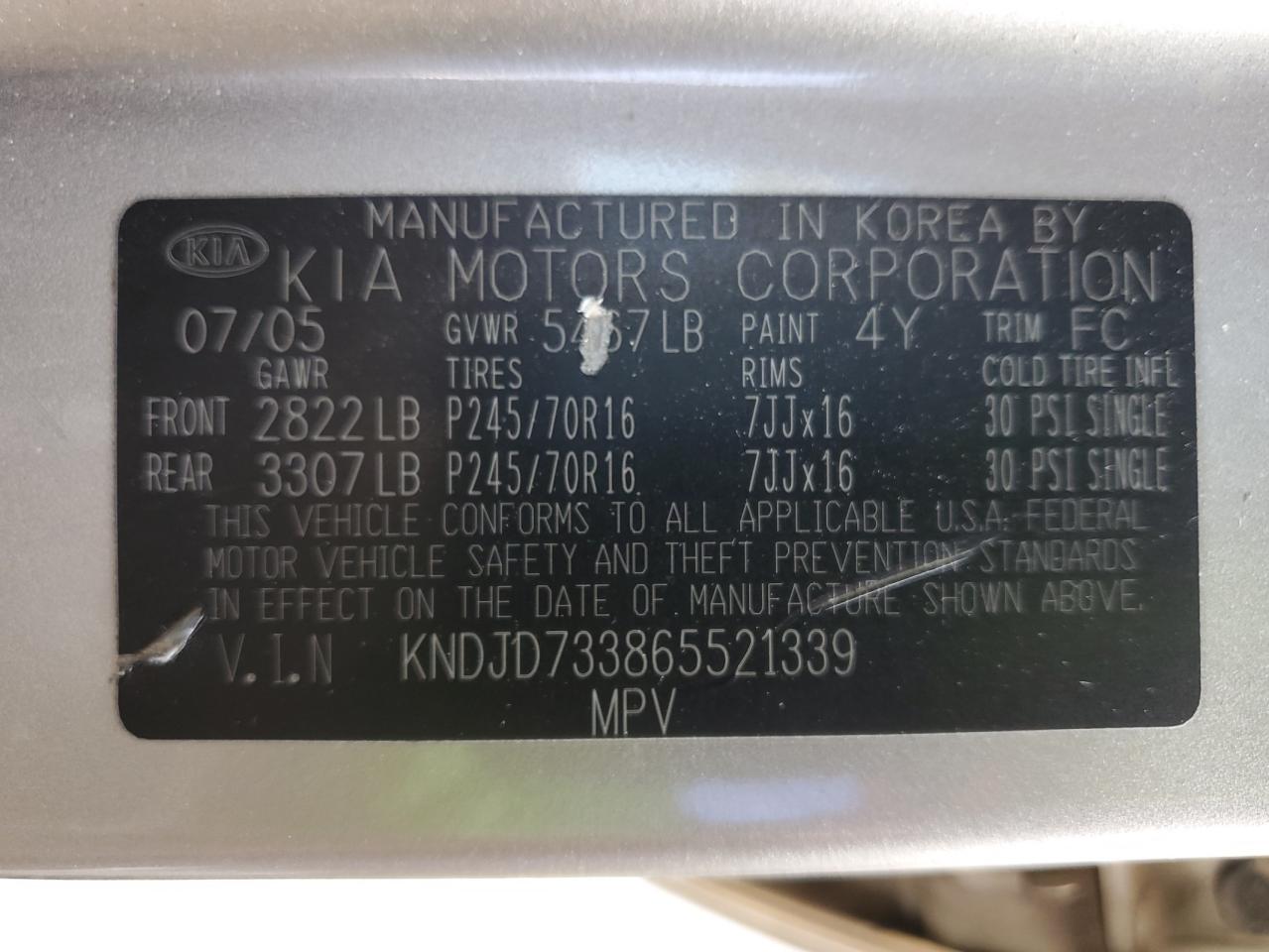2006 Kia Sorento Ex VIN: KNDJD733865521339 Lot: 62515215