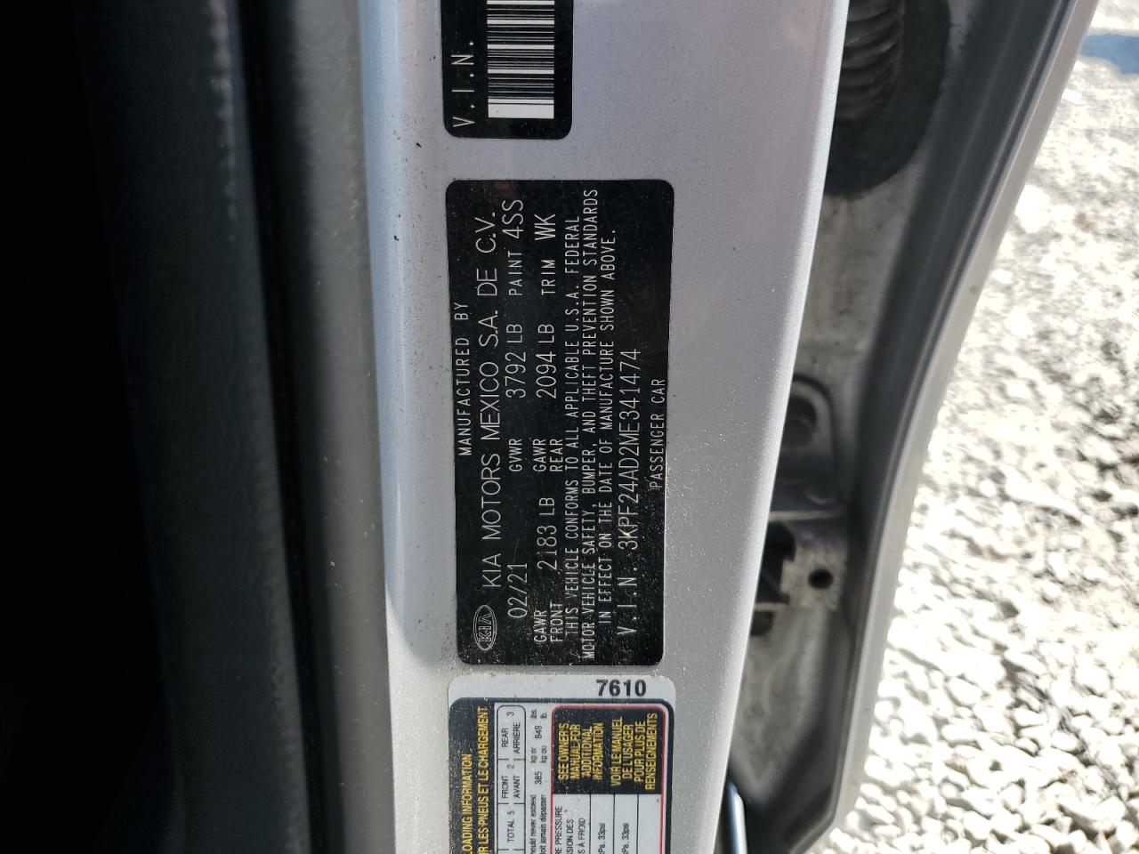 2021 Kia Forte Fe VIN: 3KPF24AD2ME341474 Lot: 61896575