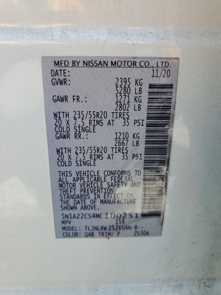 2021 Nissan Murano Sl VIN: 5N1AZ2CS4MC100251 Lot: 62781835