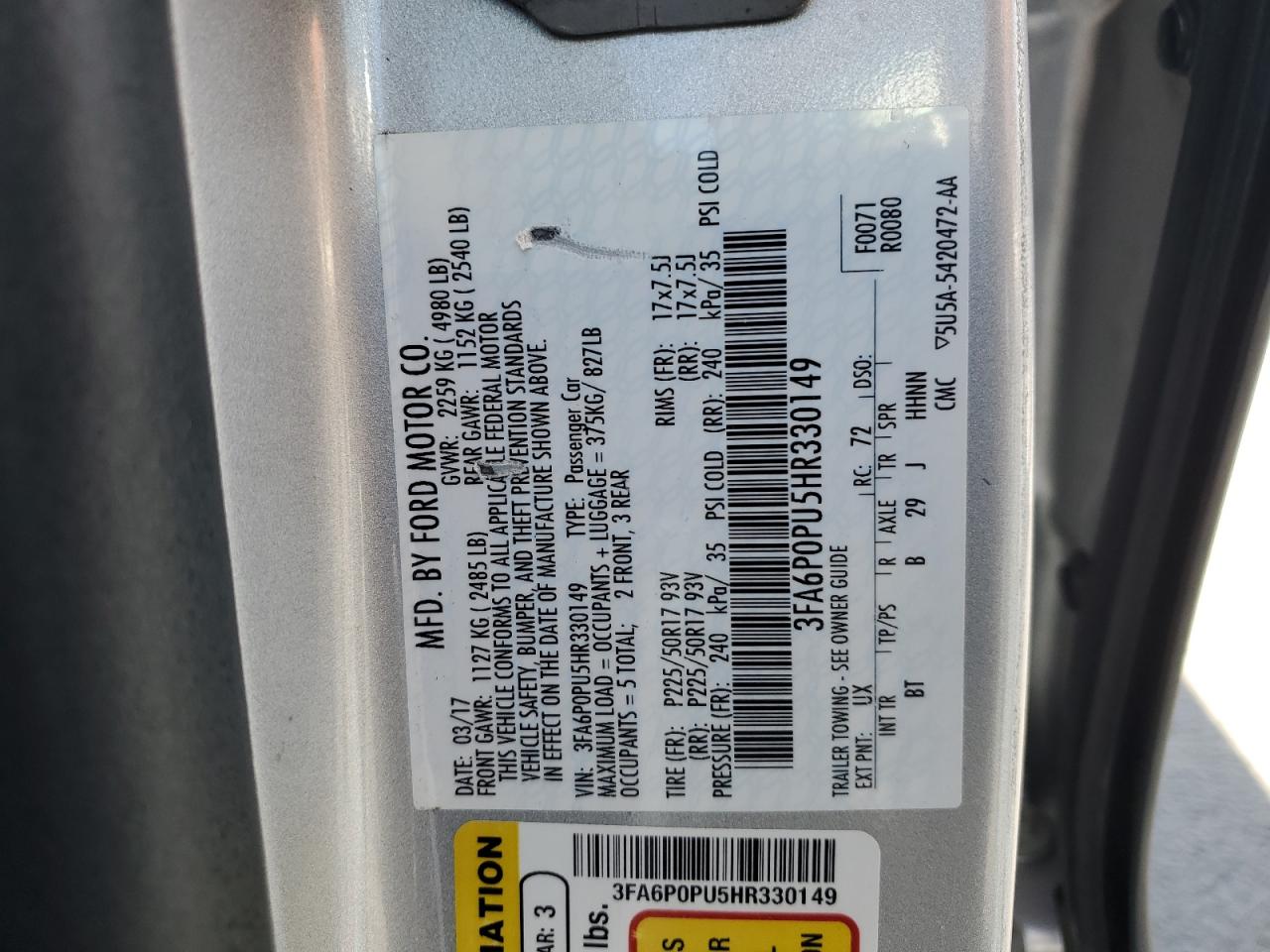 3FA6P0PU5HR330149 FORD FUSION 2017