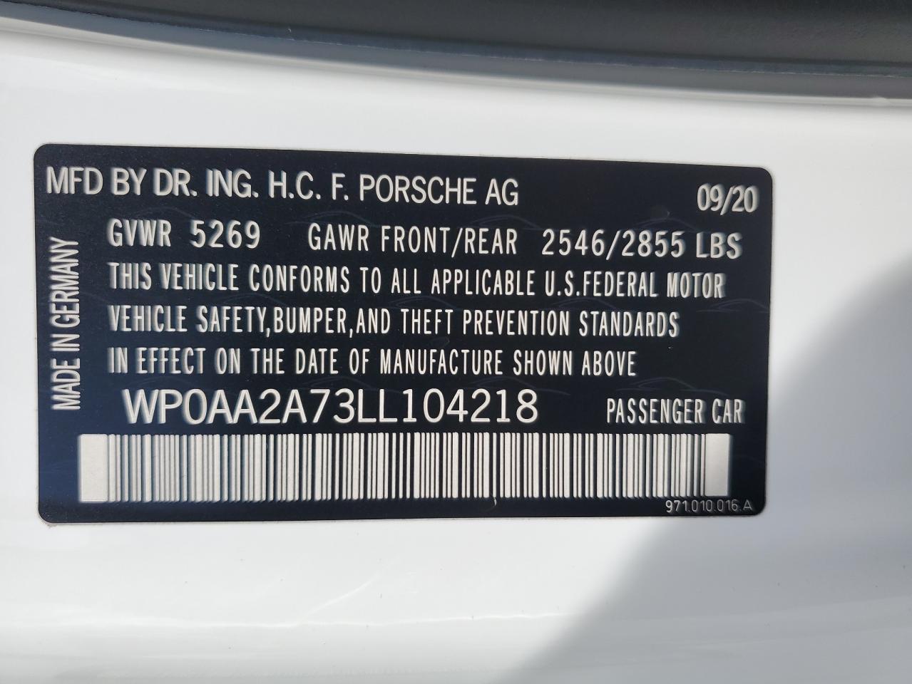 2020 Porsche Panamera Base VIN: WP0AA2A73LL104218 Lot: 62175685