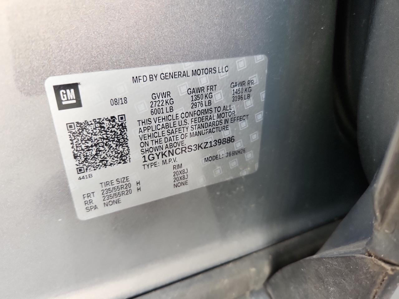 2019 Cadillac Xt5 Luxury VIN: 1GYKNCRS3KZ139886 Lot: 62167155