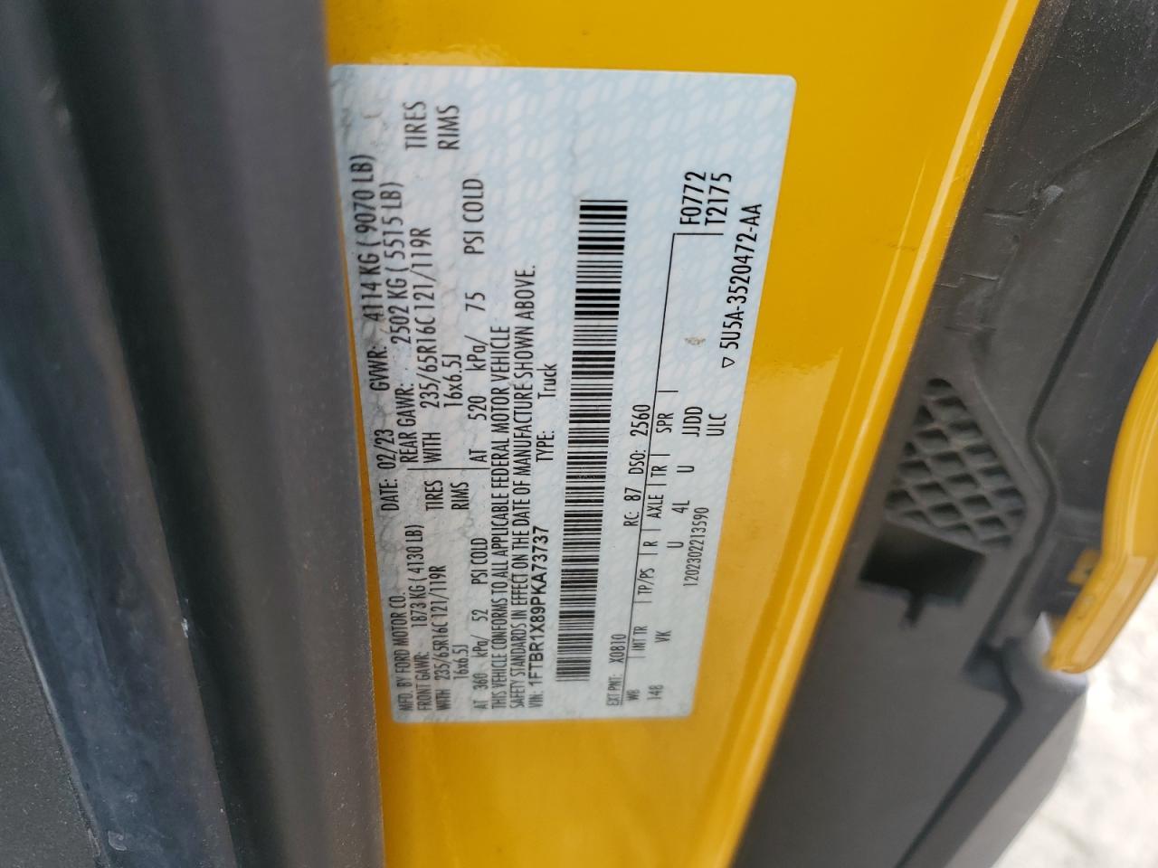 2023 Ford Transit T-250 VIN: 1FTBR1X89PKA73730 Lot: 60577405