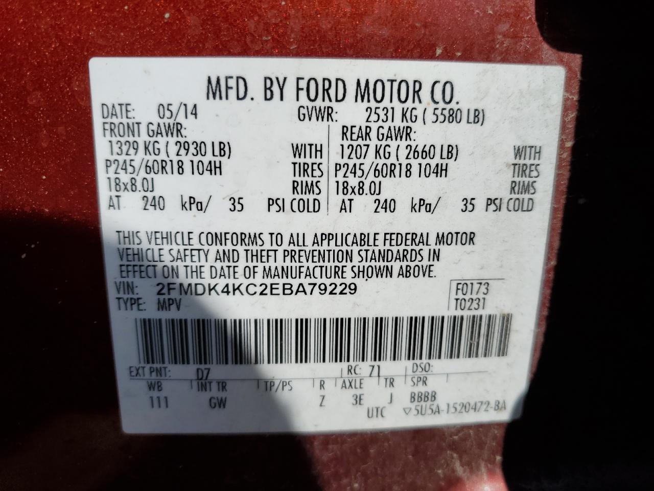 2014 Ford Edge Limited VIN: 2FMDK4KC2EBA79229 Lot: 63121825