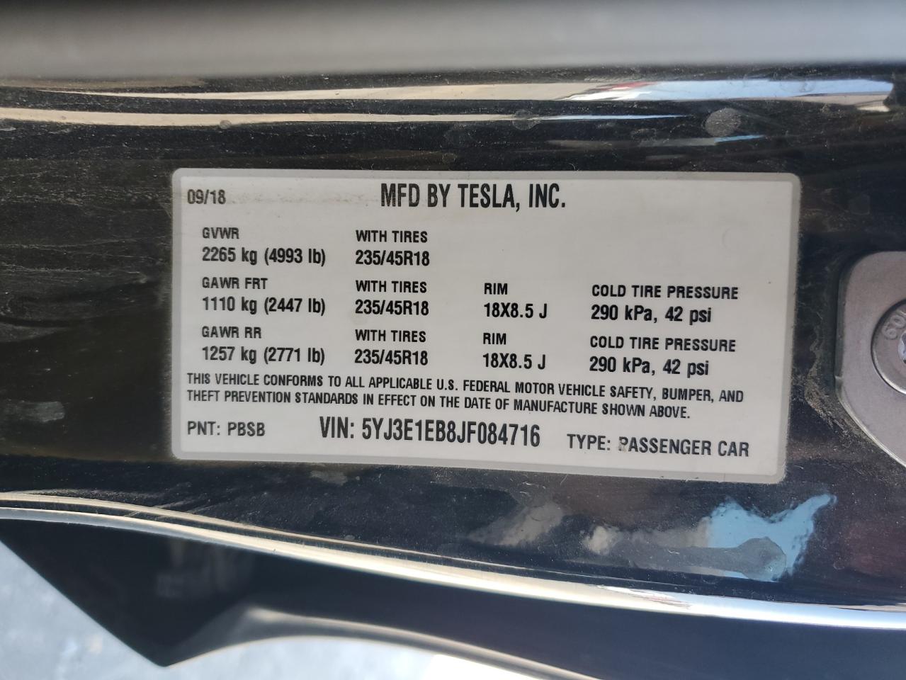 2018 Tesla Model 3 VIN: 5YJ3E1EB8JF084716 Lot: 62495485