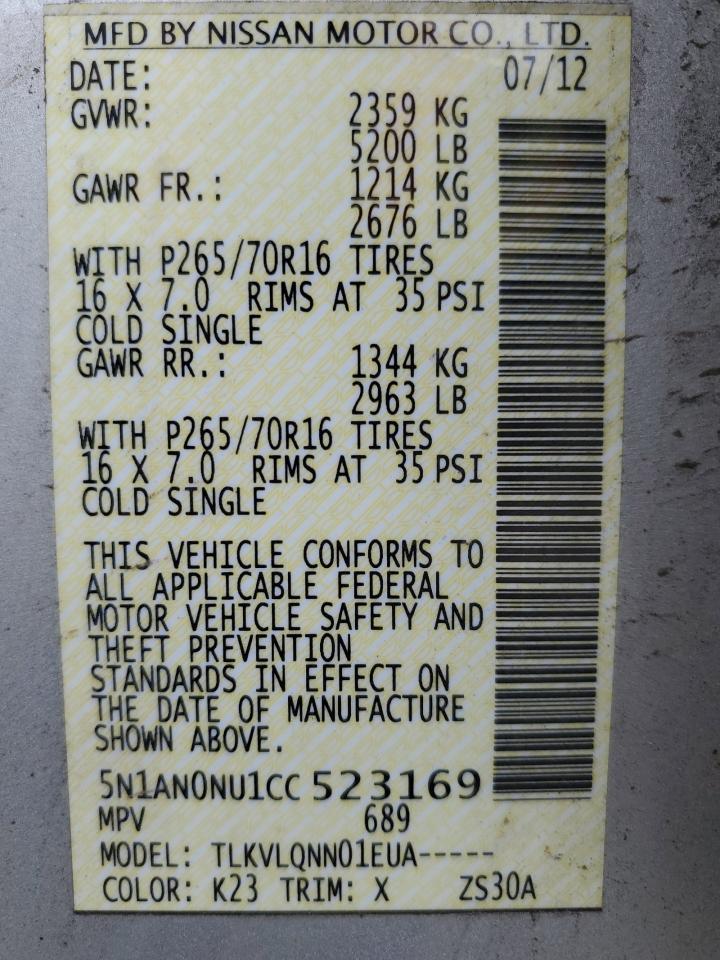 2012 Nissan Xterra Off Road VIN: 5N1AN0NU1CC523169 Lot: 61874395