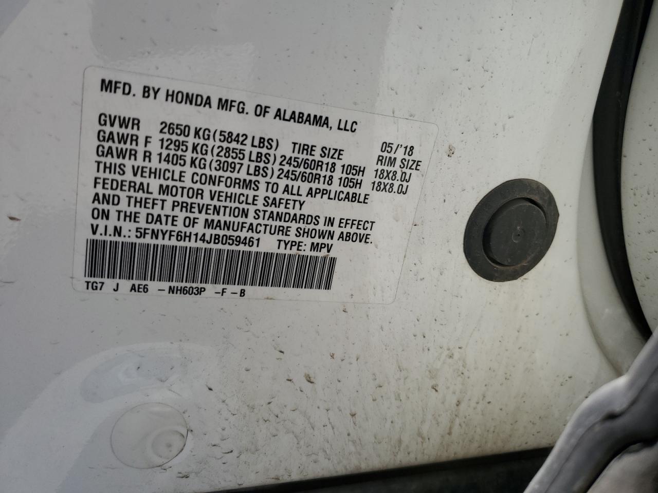 2018 Honda Pilot Lx VIN: 5FNYF6H14JB059461 Lot: 62061885