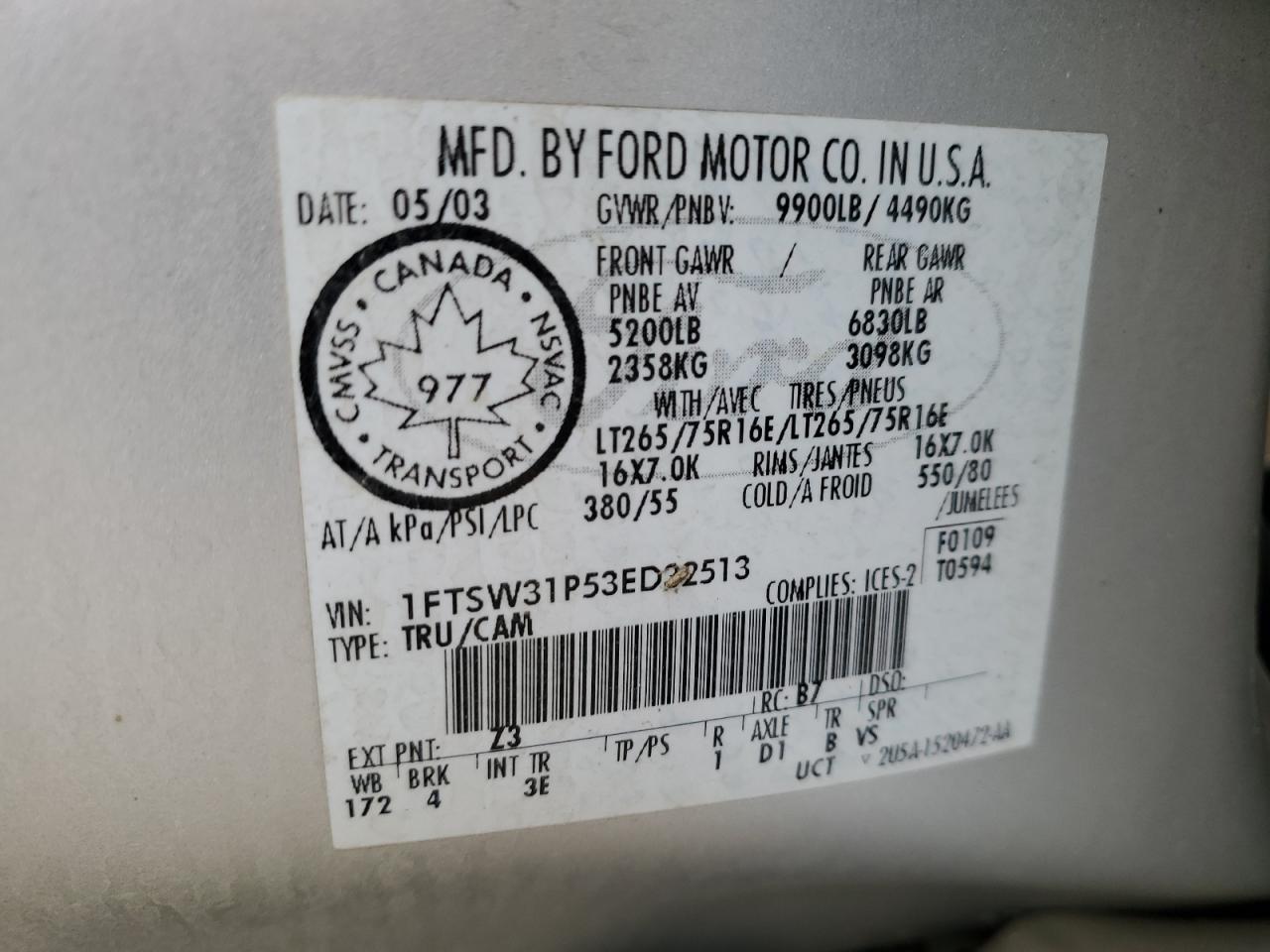 2003 Ford F350 Srw Super Duty VIN: 1FTSW31P53ED32513 Lot: 60340055