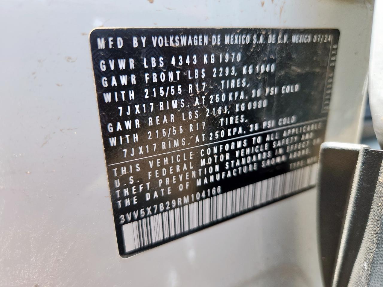 2024 Volkswagen Taos S VIN: 3VV5X7B29RM104166 Lot: 62133885