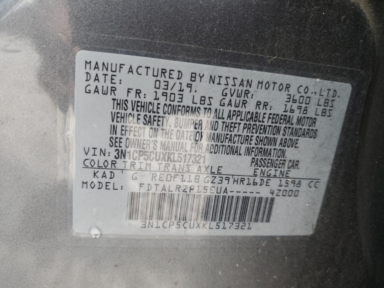 2019 Nissan Kicks S VIN: 3N1CP5CUXKL517321 Lot: 61194315