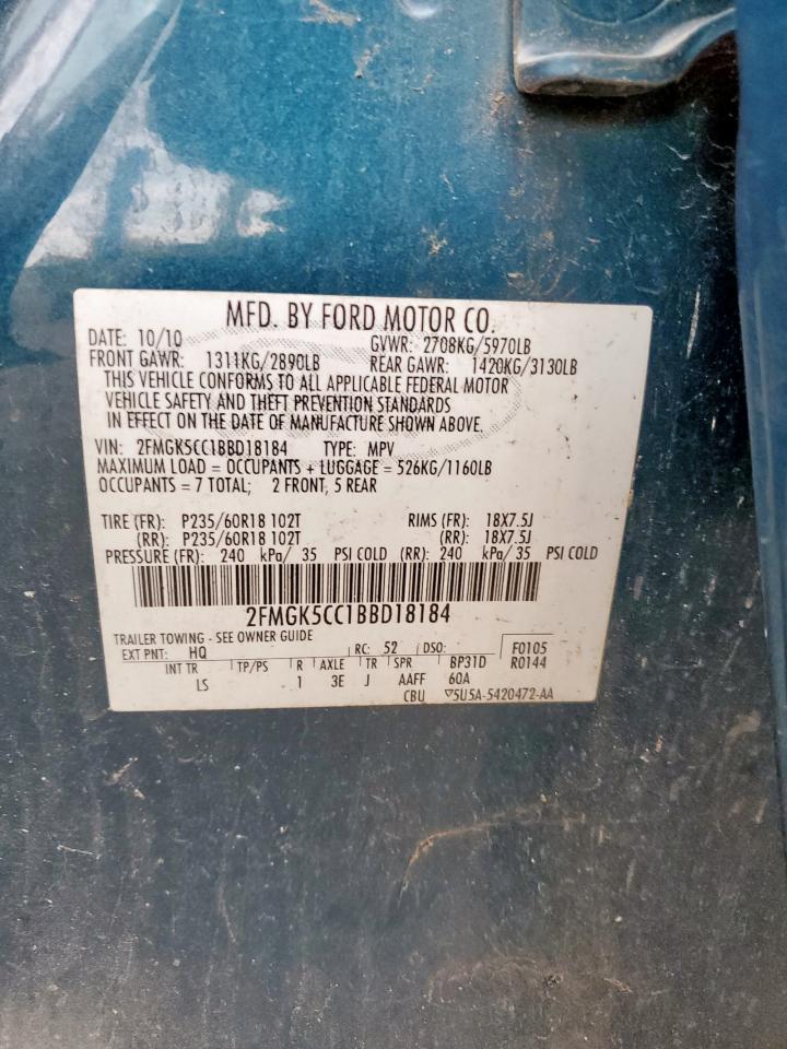 2011 Ford Flex Sel VIN: 2FMGK5CC1BBD18184 Lot: 58655095