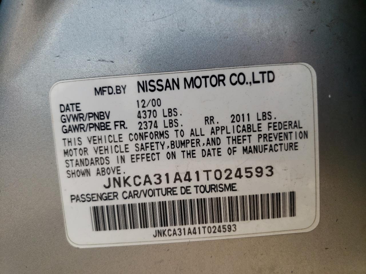 2001 Infiniti I30 VIN: JNKCA31A41T024593 Lot: 62585325