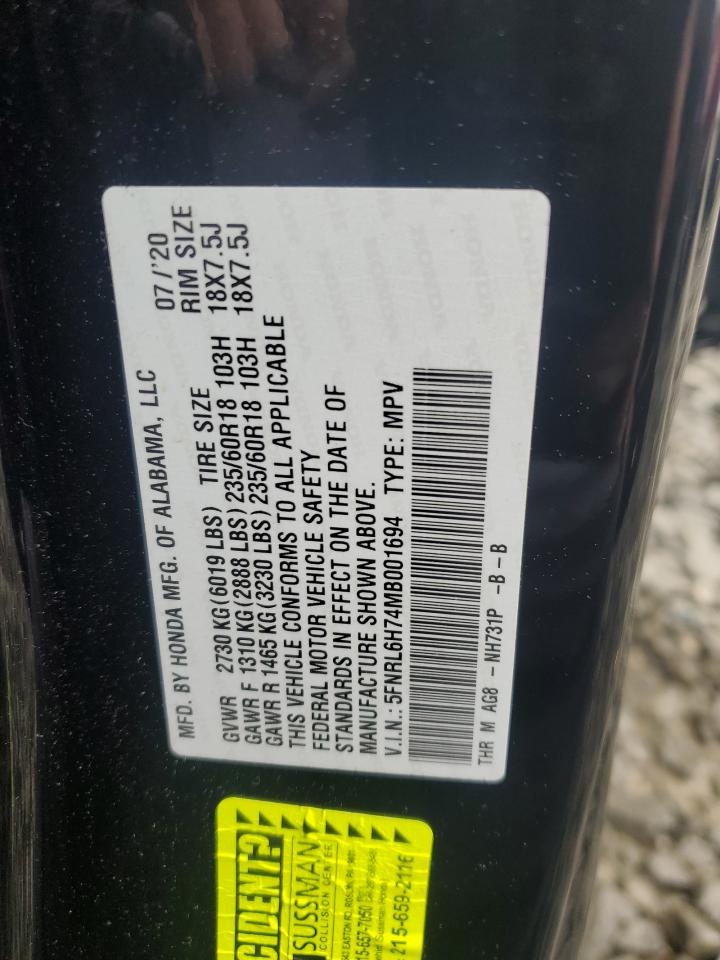 2021 Honda Odyssey Exl VIN: 5FNRL6H74MB001694 Lot: 60820475