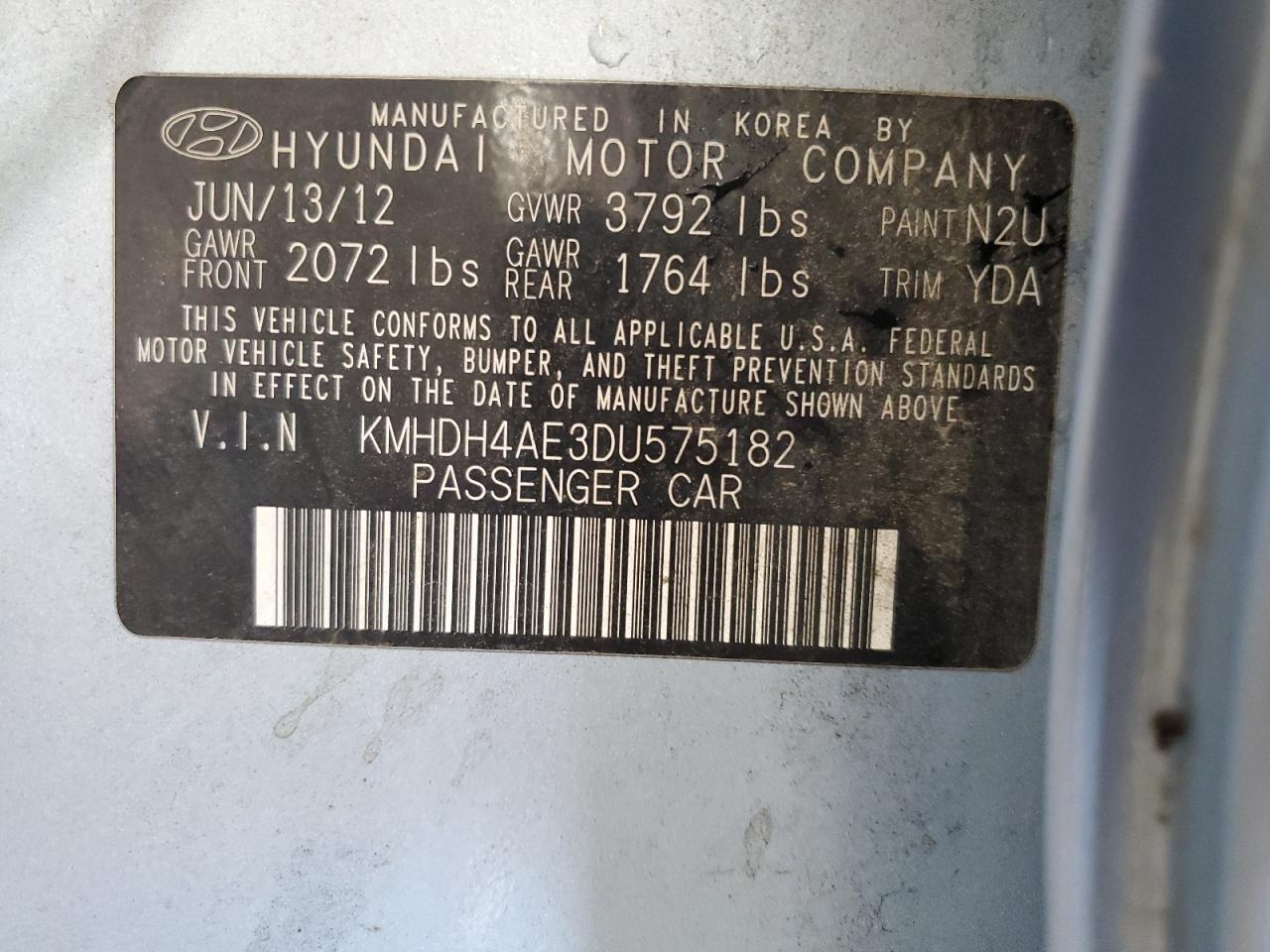 2013 Hyundai Elantra Gls VIN: KMHDH4AE3DU575182 Lot: 62403775