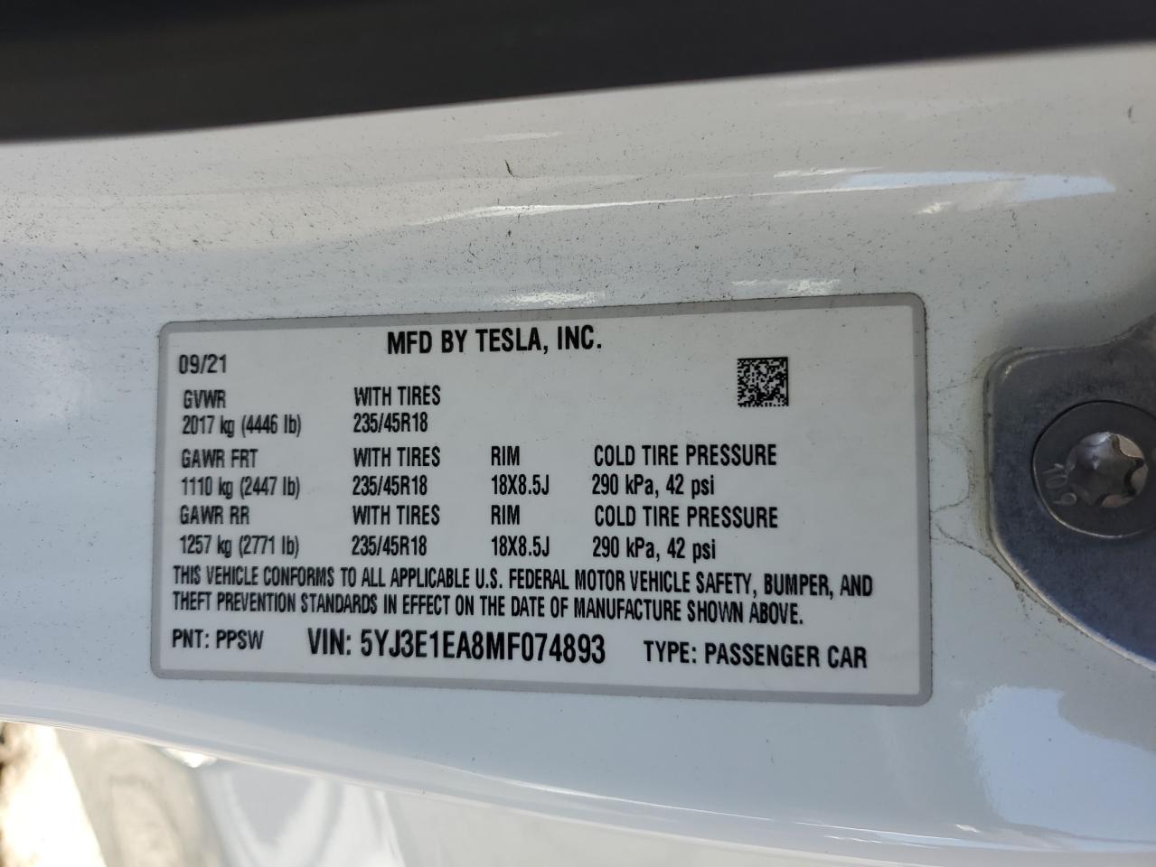 2021 Tesla Model 3 VIN: 5YJ3E1EA8MF074893 Lot: 62511745