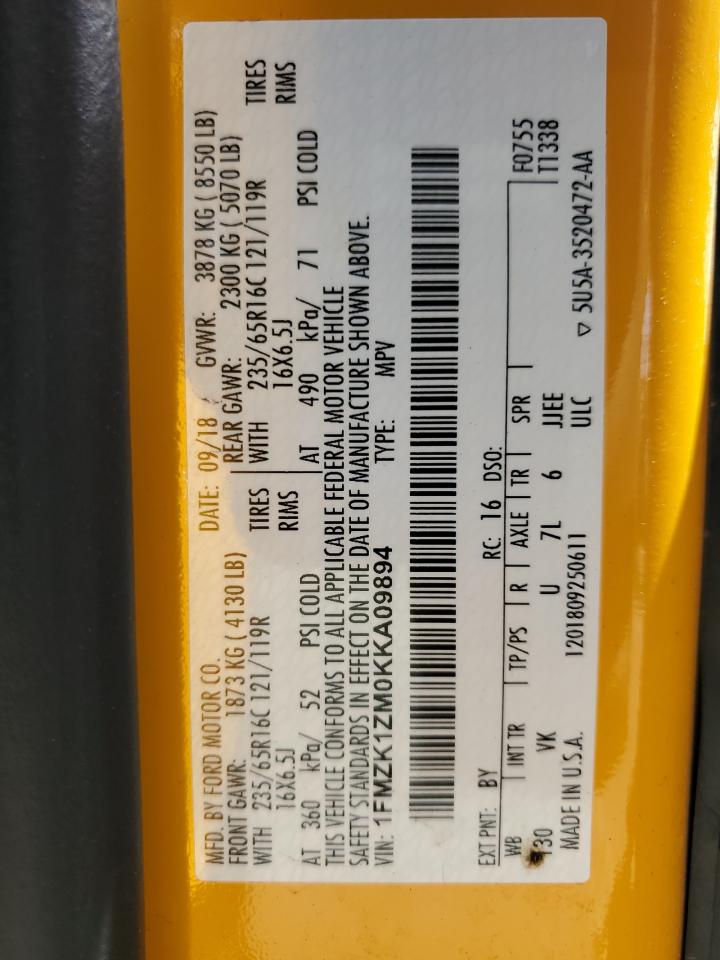 1FMZK1ZM0KKA09894 FORD TRANSIT 2019