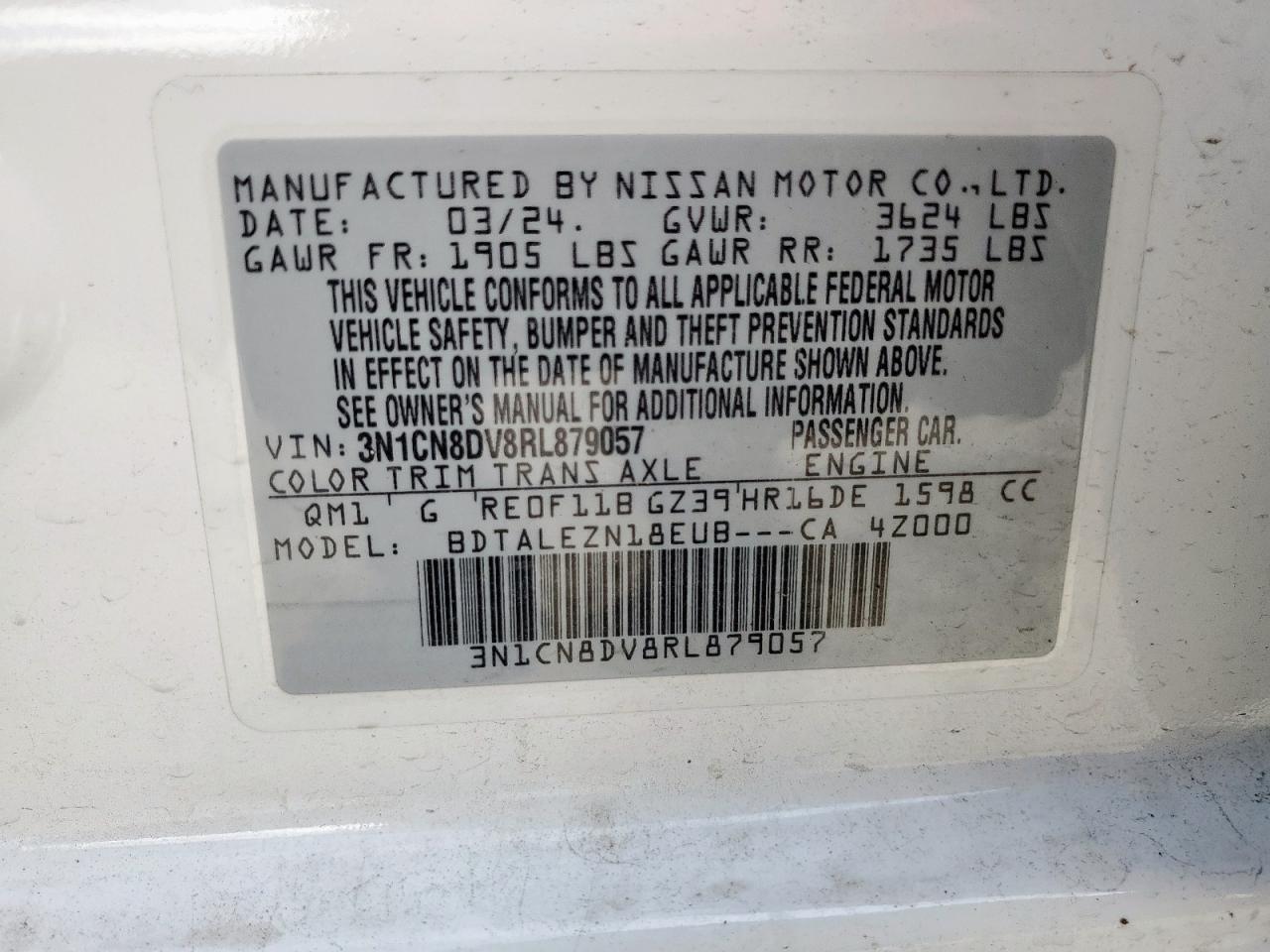 NISSAN VERSA 2024 VIN 3N1CN8DV8RL879057 фото 12