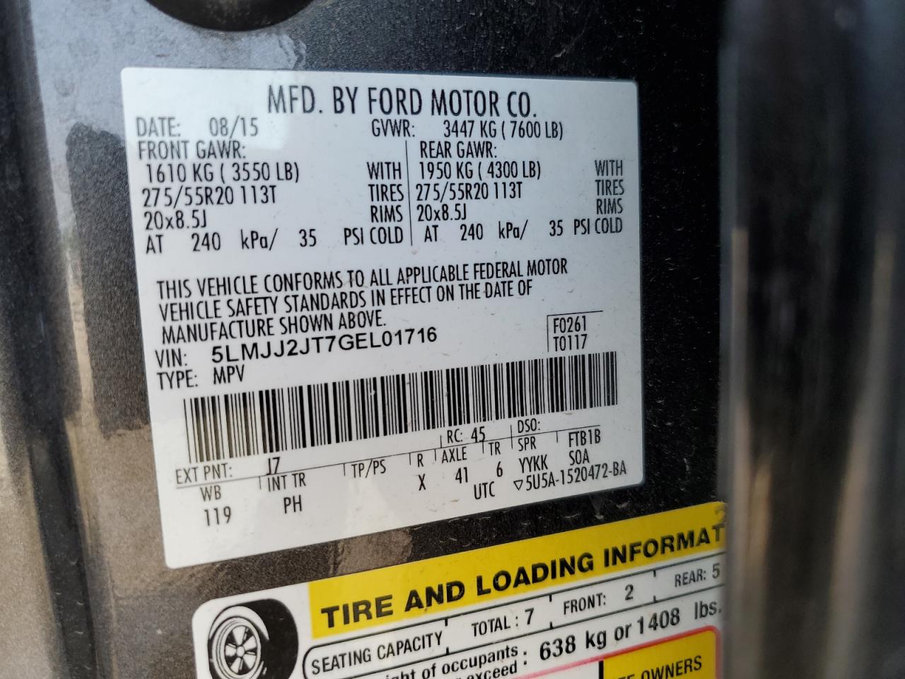 2016 Lincoln Navigator Select VIN: 5LMJJ2JT7GEL01716 Lot: 60036315