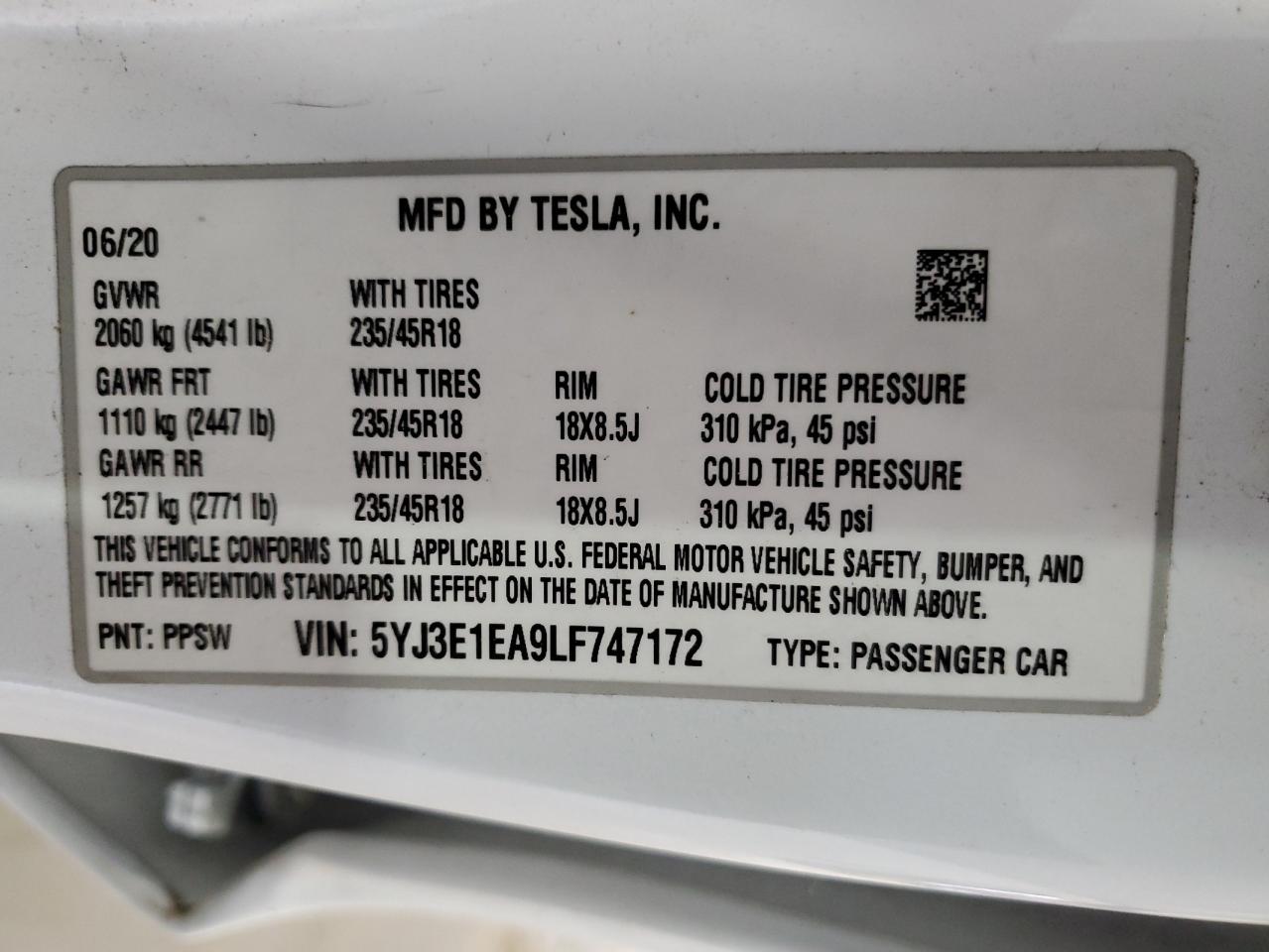 2020 Tesla Model 3 VIN: 5YJ3E1EA9LF747172 Lot: 61673655