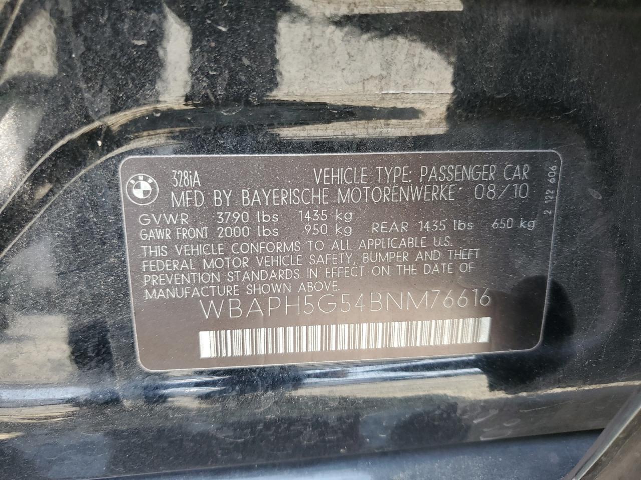 BMW 3 SERIES 2011 VIN WBAPH5G54BNM76616 фото 12
