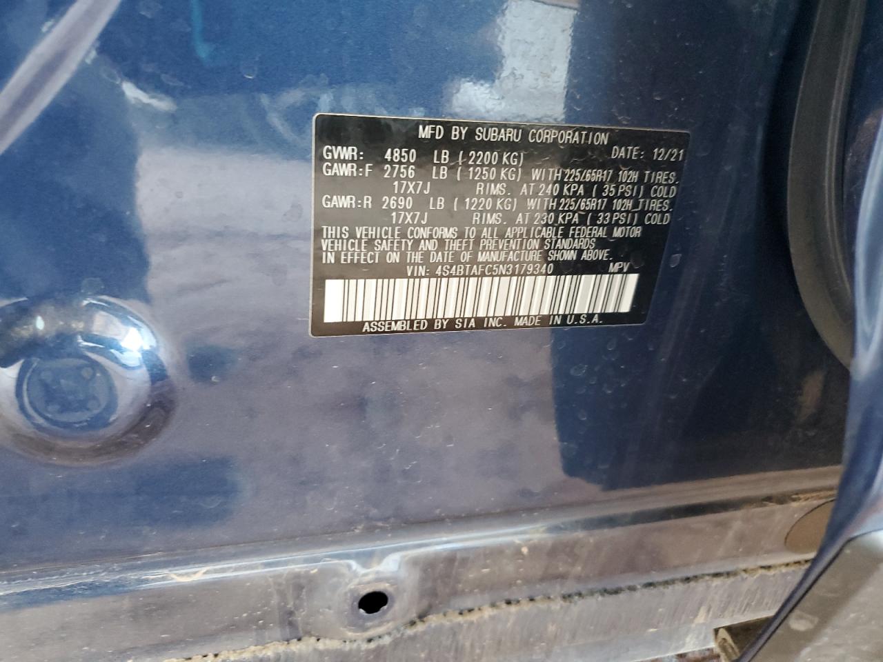 2022 Subaru Outback Premium VIN: 4S4BTAFC5N3179340 Lot: 62486375