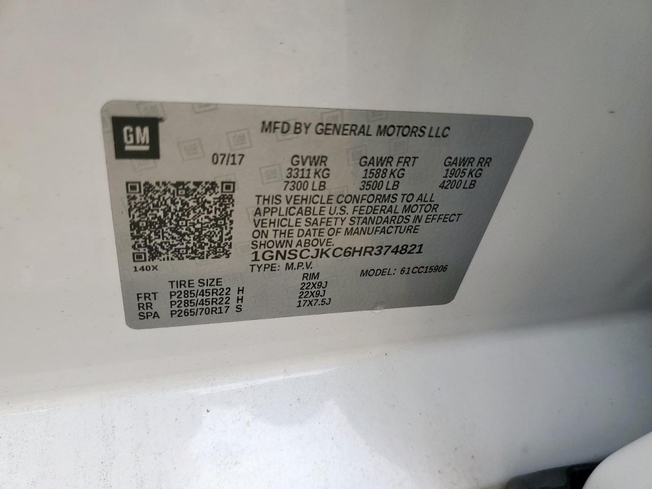 2017 Chevrolet Suburban C1500 Premier VIN: 1GNSCJKC6HR374821 Lot: 62372565