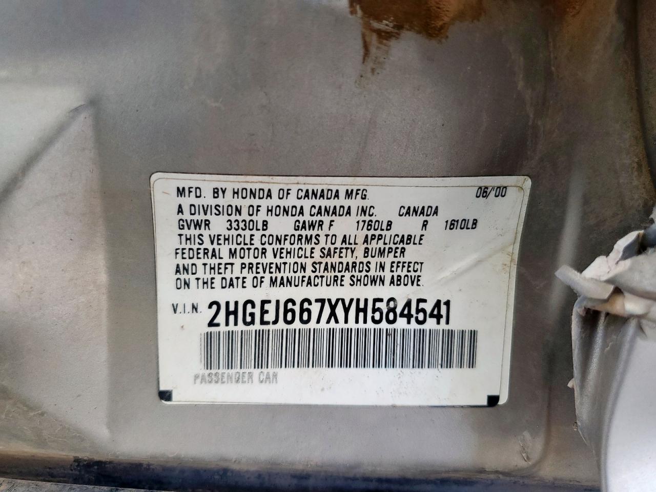 2000 Honda Civic Lx VIN: 2HGEJ667XYH584541 Lot: 59762035