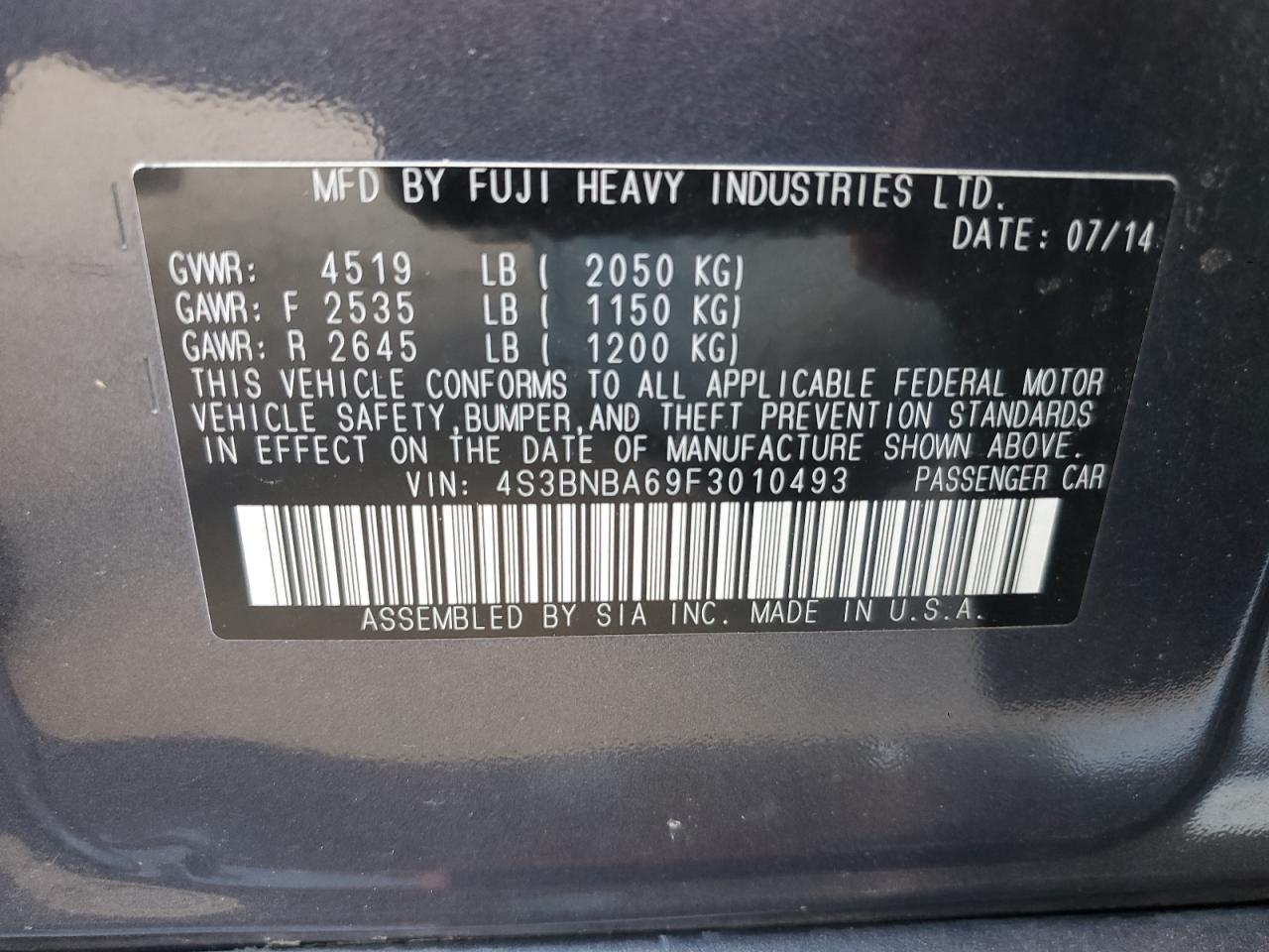 SUBARU LEGACY 2015 VIN 4S3BNBA69F3010493 photo 12
