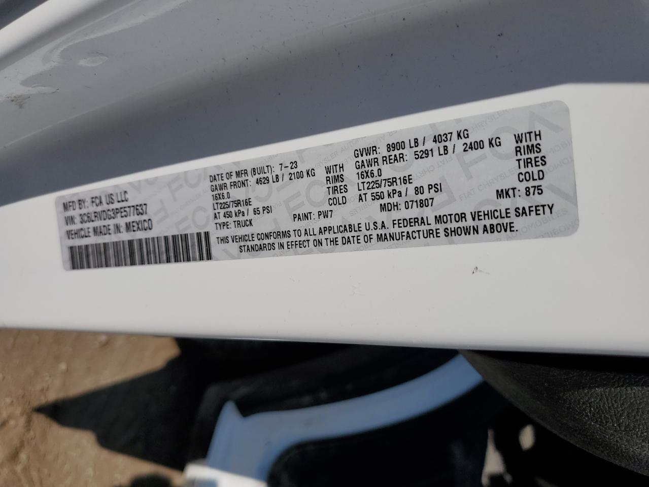 2023 Ram Promaster 2500 2500 High VIN: 3C6LRVDG3PE577637 Lot: 60309335