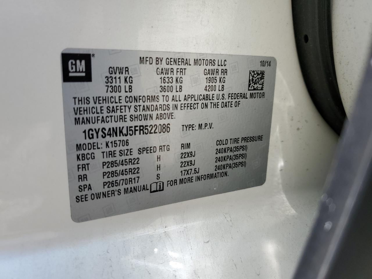 2015 Cadillac Escalade Premium VIN: 1GYS4NKJ5FR522086 Lot: 61624815