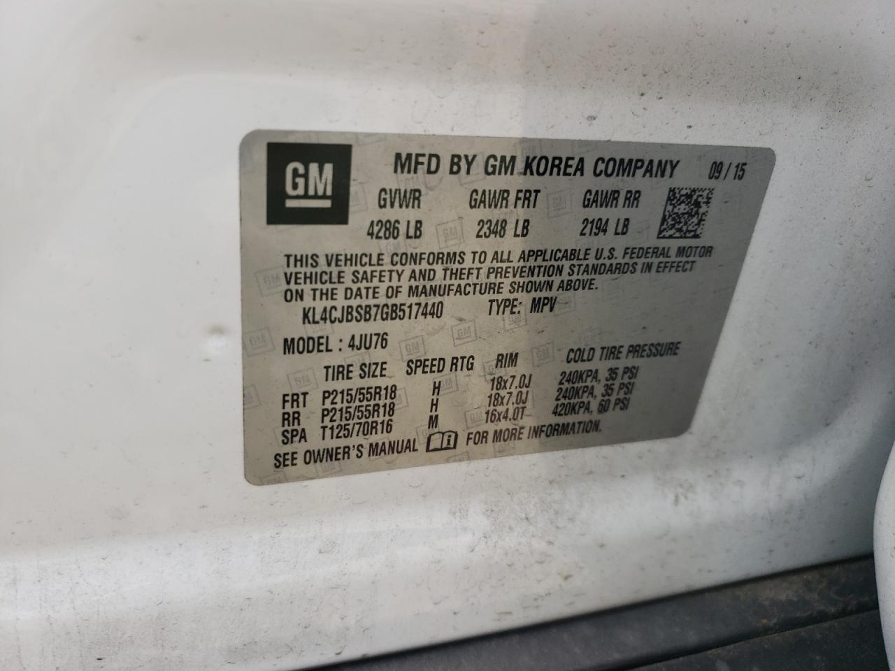 2016 Buick Encore Convenience VIN: KL4CJBSB7GB517440 Lot: 61358345