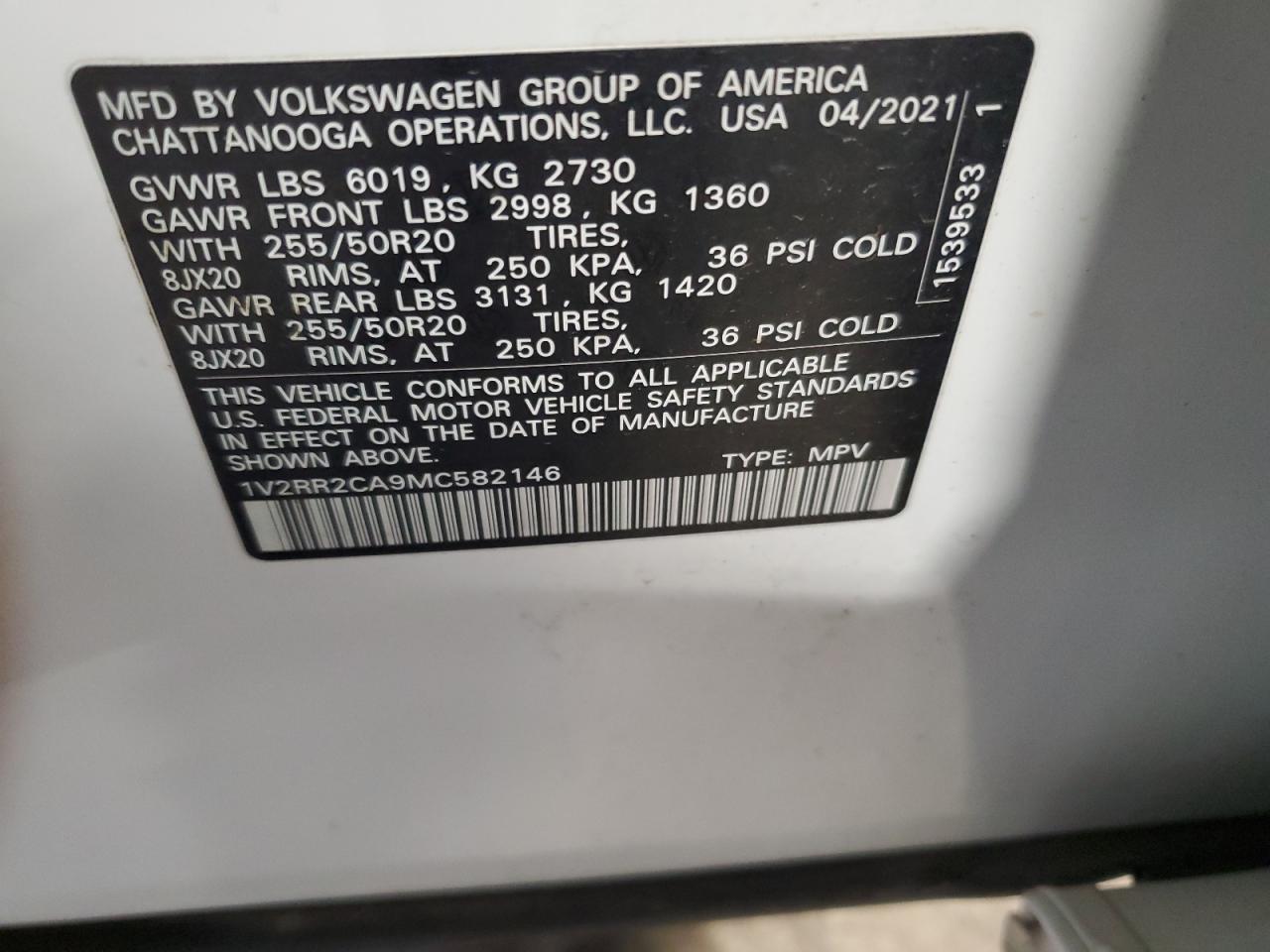 2021 Volkswagen Atlas Se VIN: 1V2RR2CA9MC582146 Lot: 61832945