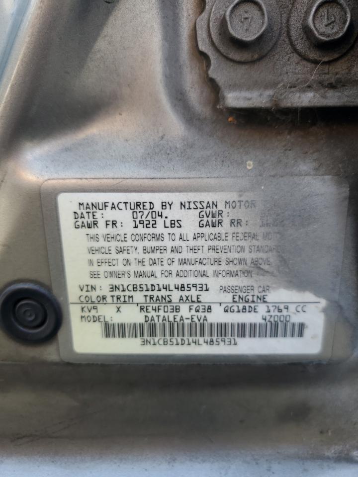 2004 Nissan Sentra 1.8 VIN: 3N1CB51D14L485931 Lot: 62018305