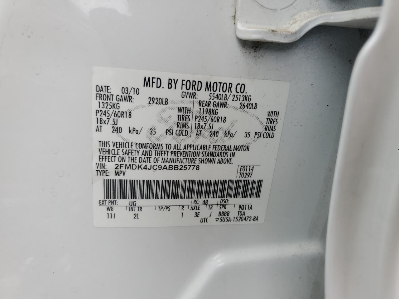 2010 Ford Edge Sel VIN: 2FMDK4JC9ABB25778 Lot: 62003895