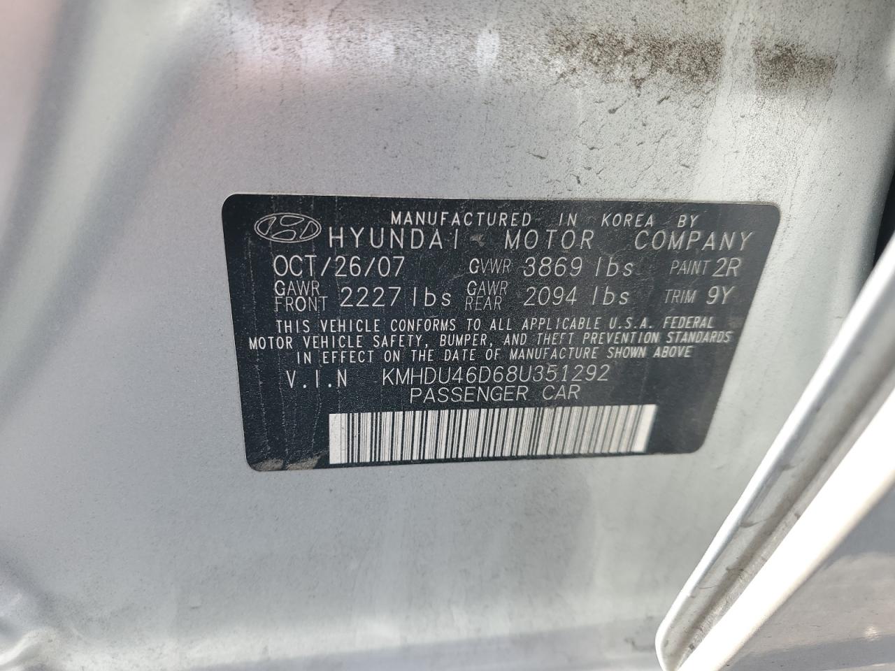 HYUNDAI ELANTRA 2008 VIN KMHDU46D68U351292 zdjęcie 12