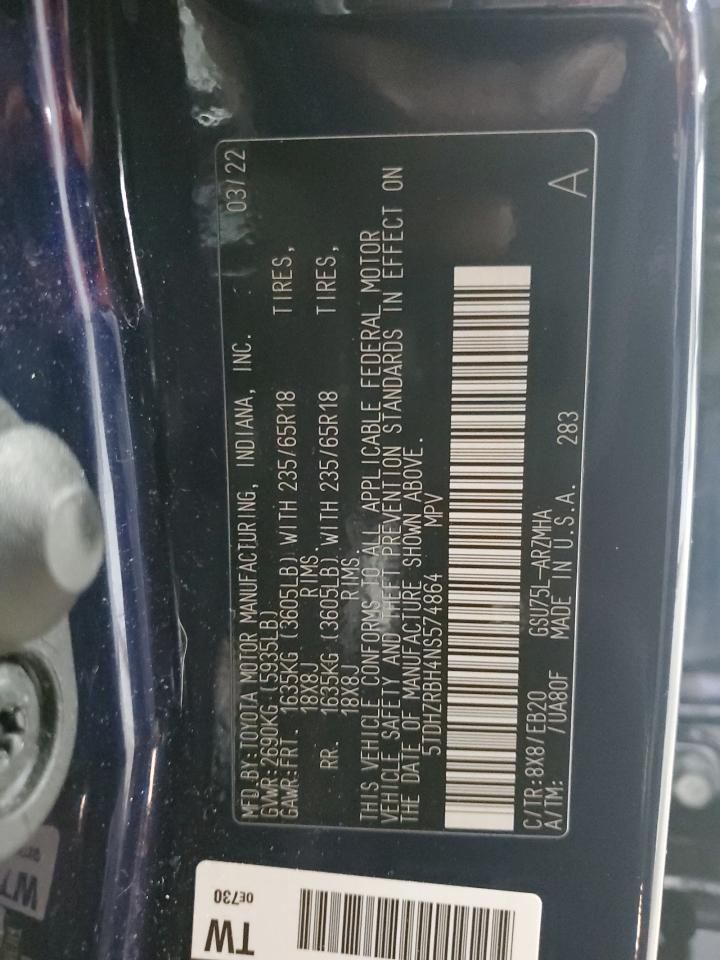 2022 Toyota Highlander Xle VIN: 5TDHZRBH4NS574864 Lot: 62293185