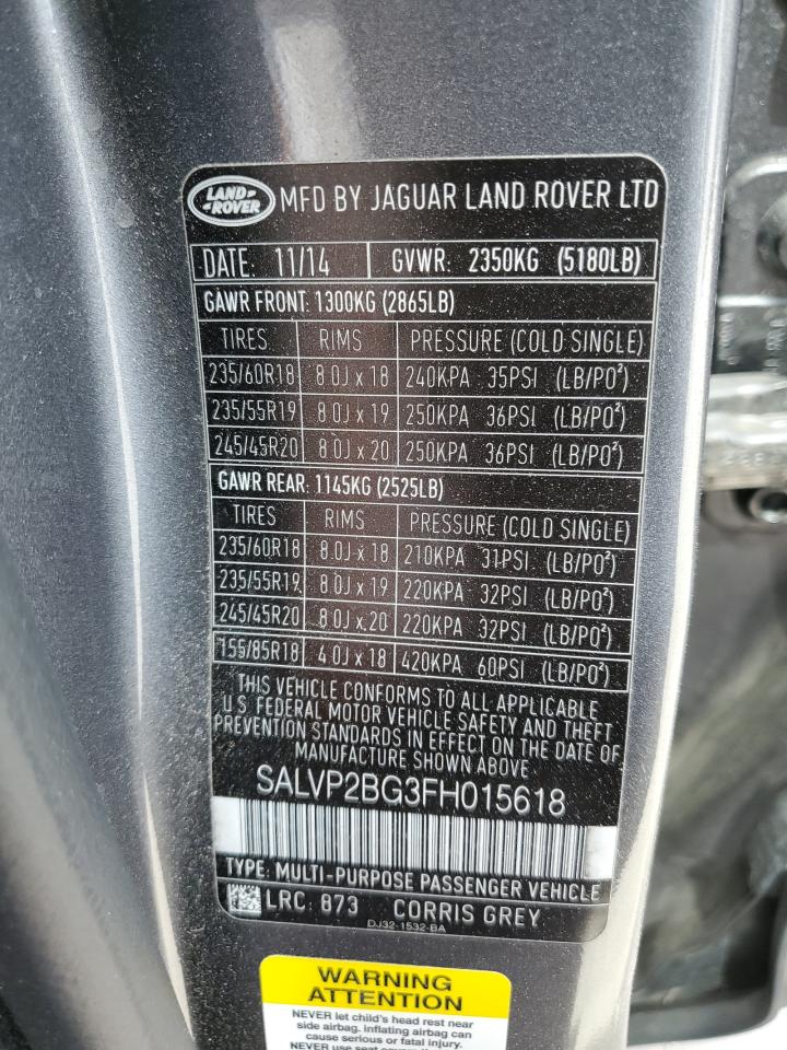 2015 Land Rover Range Rover Evoque Pure Plus VIN: SALVP2BG3FH015618 Lot: 62126495